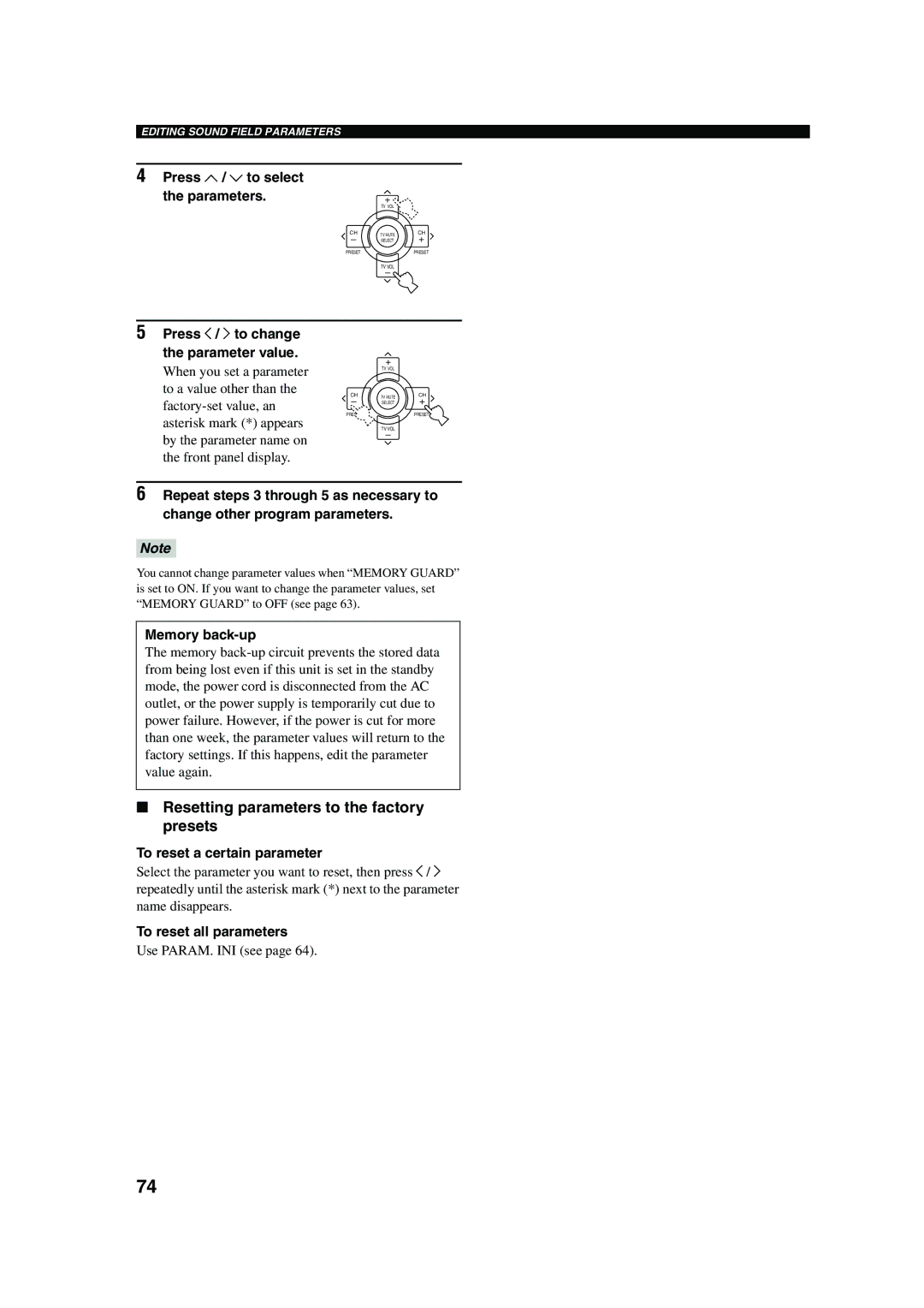 Yamaha DSP-AX750SE owner manual Resetting parameters to the factory presets, Press u / d to select the parameters 