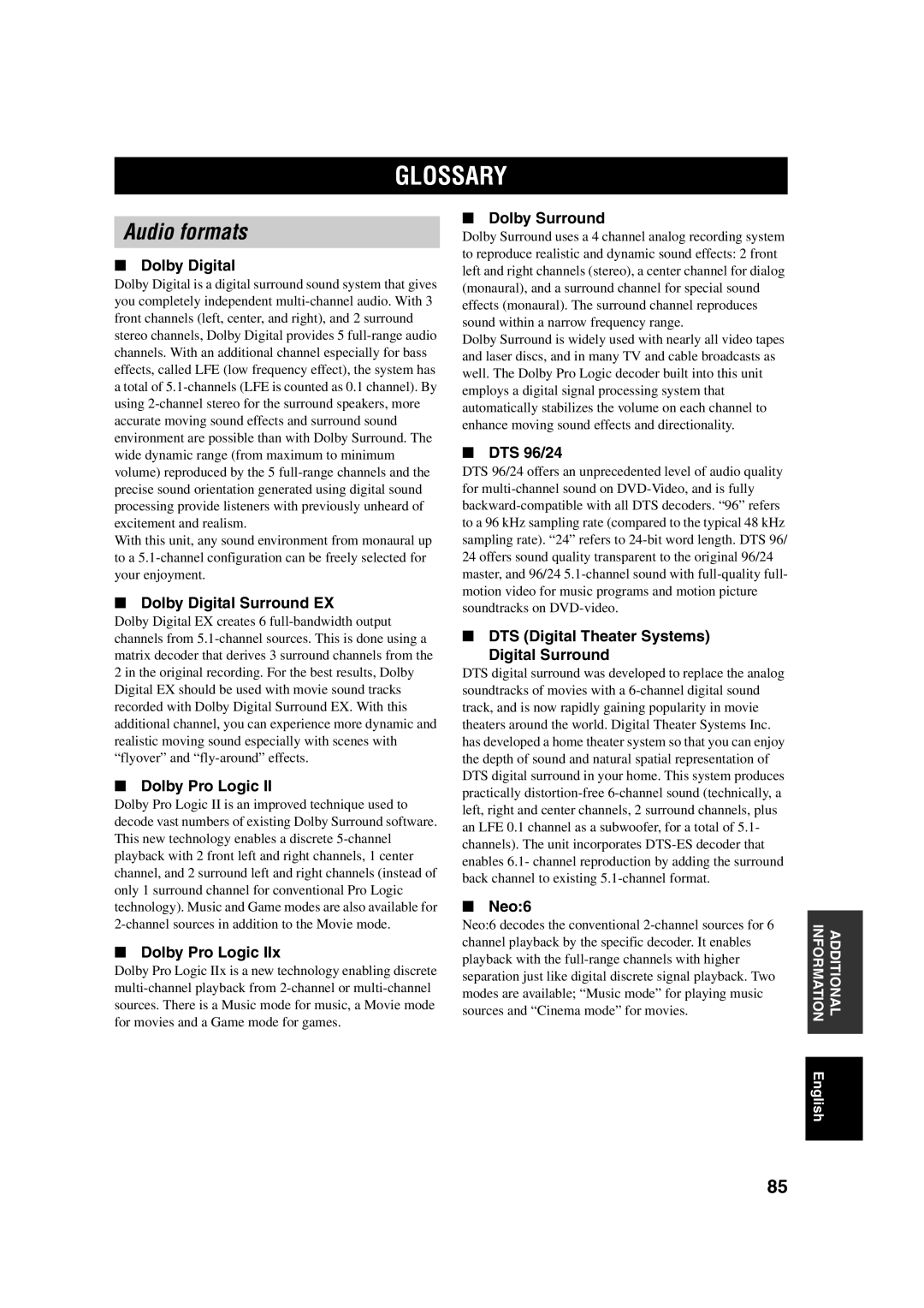 Yamaha DSP-AX750SE owner manual Glossary, Audio formats 