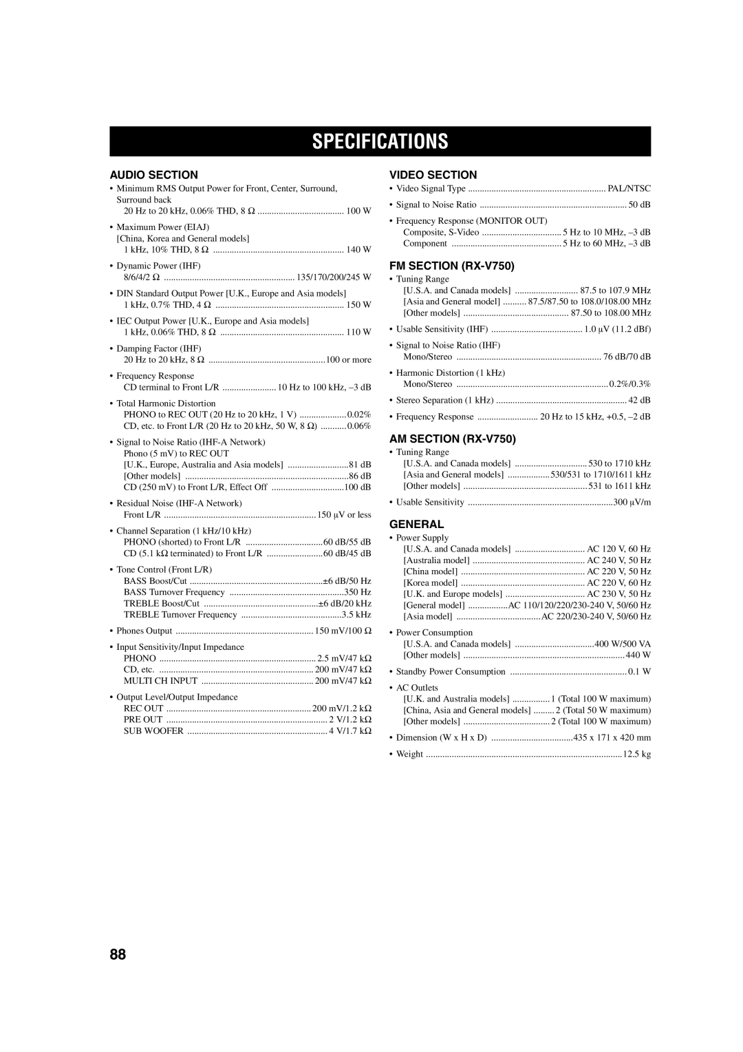 Yamaha DSP-AX750SE owner manual Specifications, Audio Section 