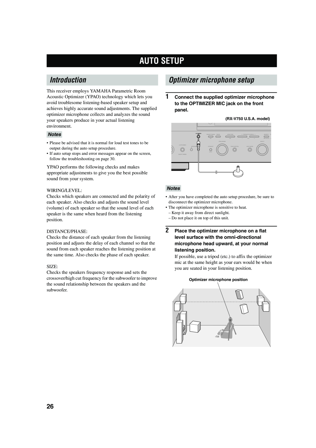 Yamaha DSP-AX750SE owner manual Auto Setup, Introduction, Optimizer microphone setup 