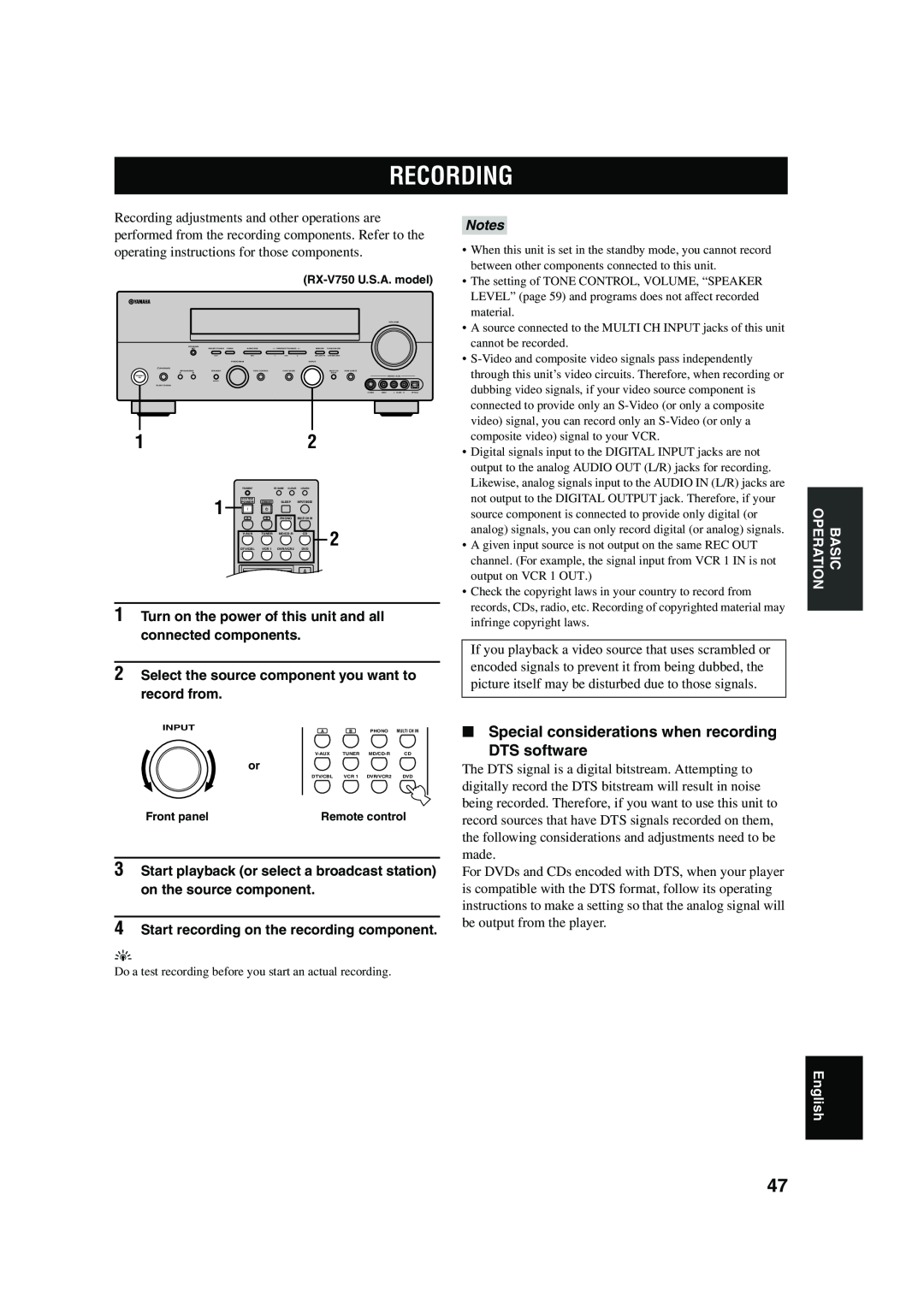 Yamaha DSP-AX750SE owner manual Recording, Special considerations when recording, DTS software 