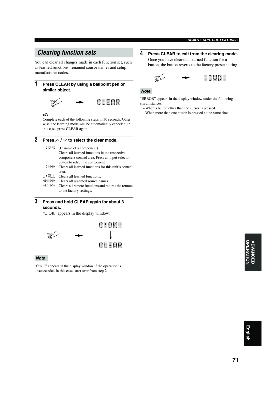 Yamaha DSP-AX750SE owner manual Clearing function sets, 2Press u / d to select the clear mode 