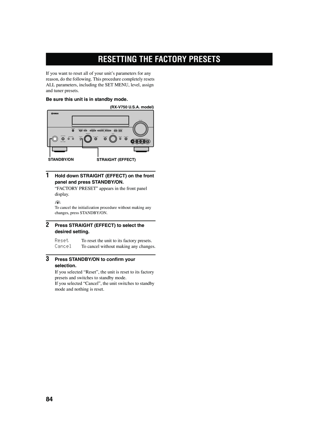 Yamaha DSP-AX750SE owner manual Resetting The Factory Presets, Be sure this unit is in standby mode 