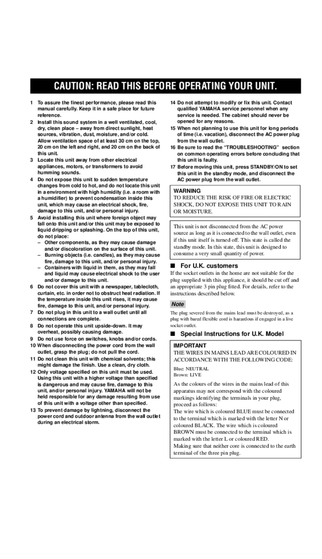 Yamaha DSP-AX757SE owner manual For U.K. customers, Special Instructions for U.K. Model 