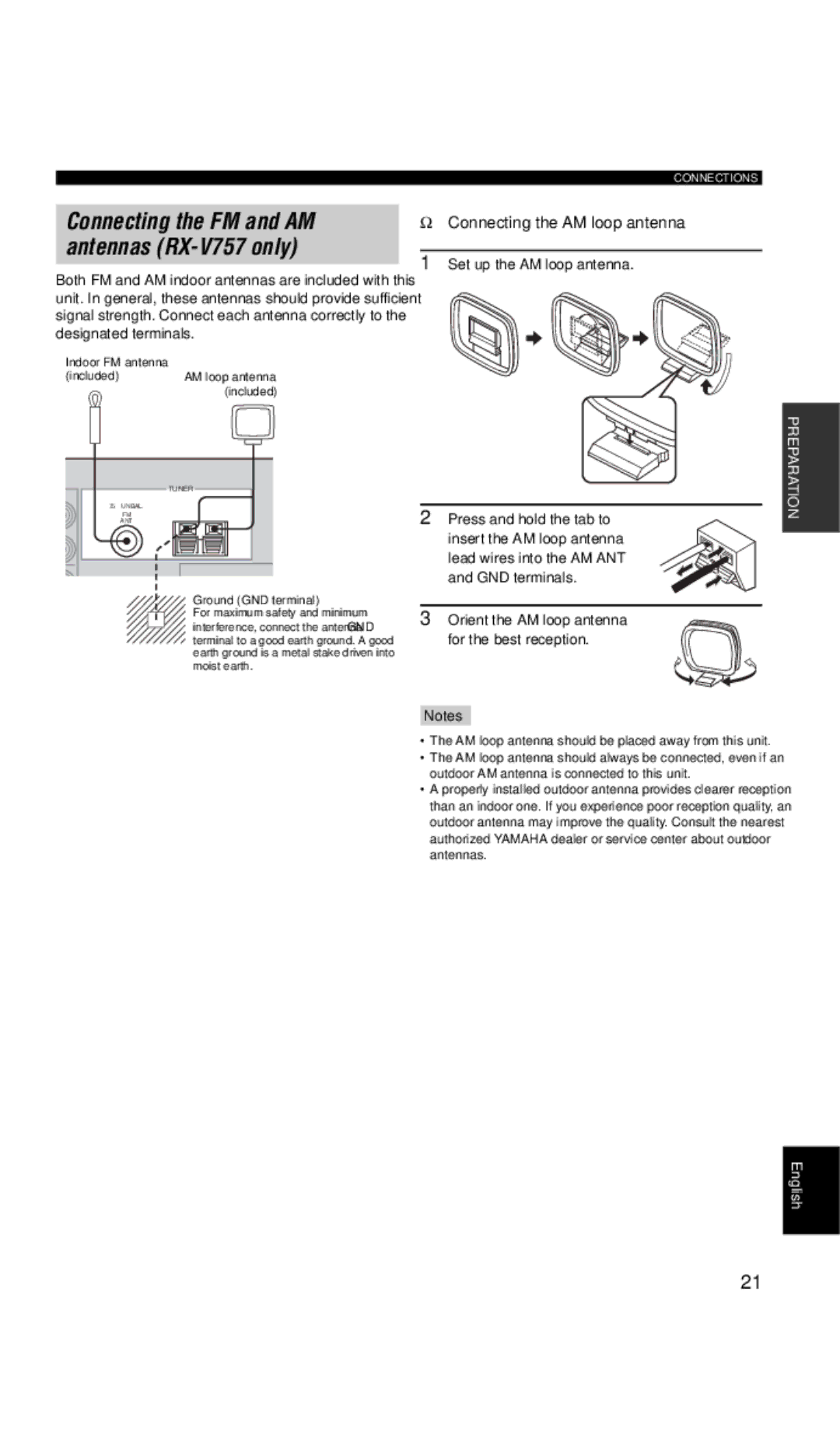 Yamaha DSP-AX757SE owner manual Indoor FM antenna IncludedAM loop antenna included, Ground GND terminal 