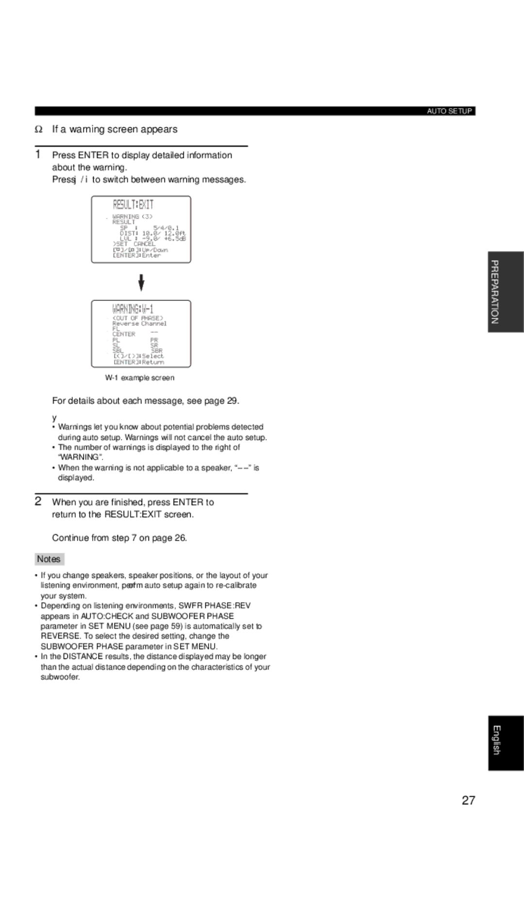 Yamaha DSP-AX757SE Press j / i to switch between warning messages, For details about each message, see, Example screen 