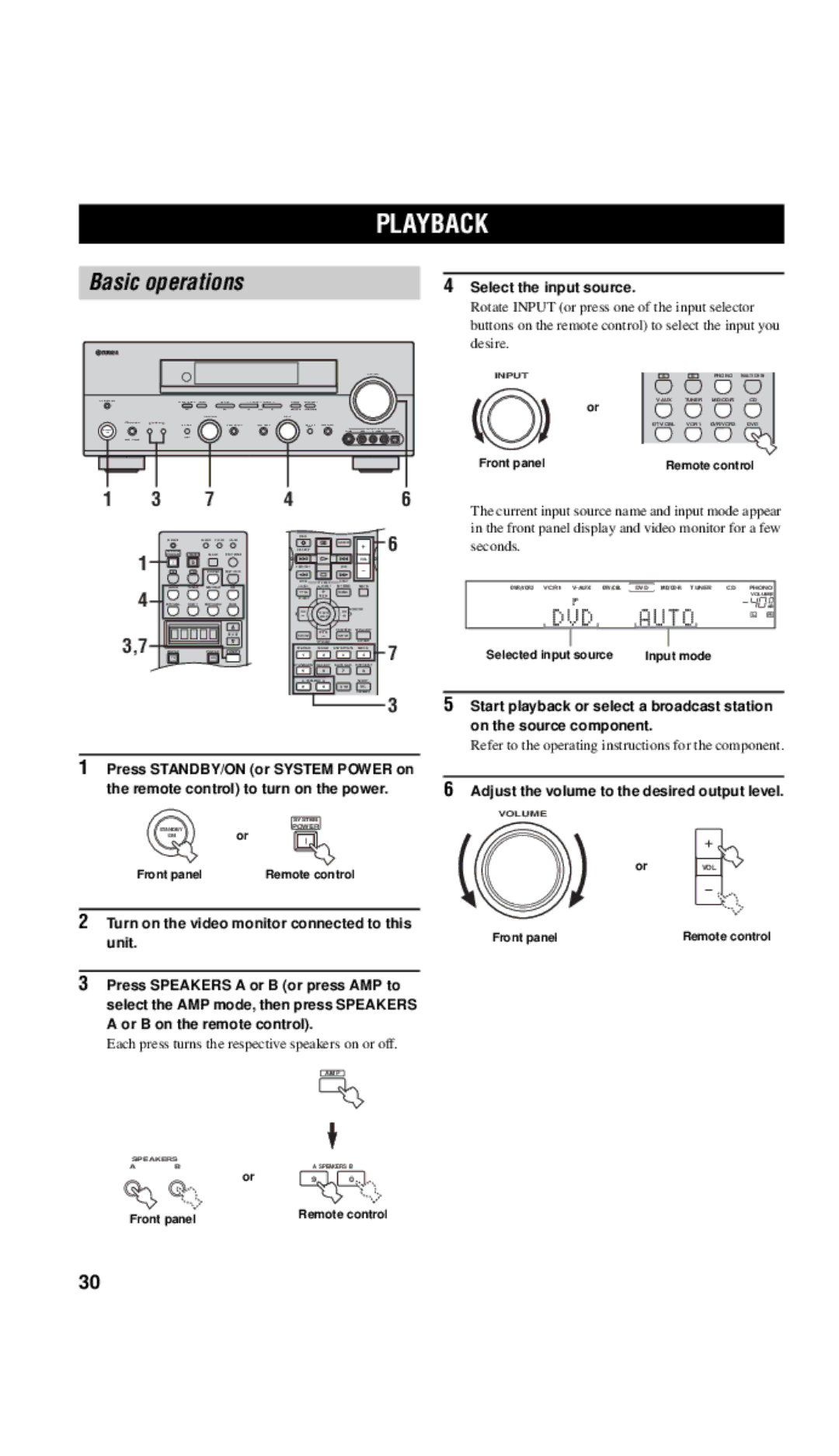 Yamaha DSP-AX757SE Playback, Basic operations, Select the input source, Adjust the volume to the desired output level 