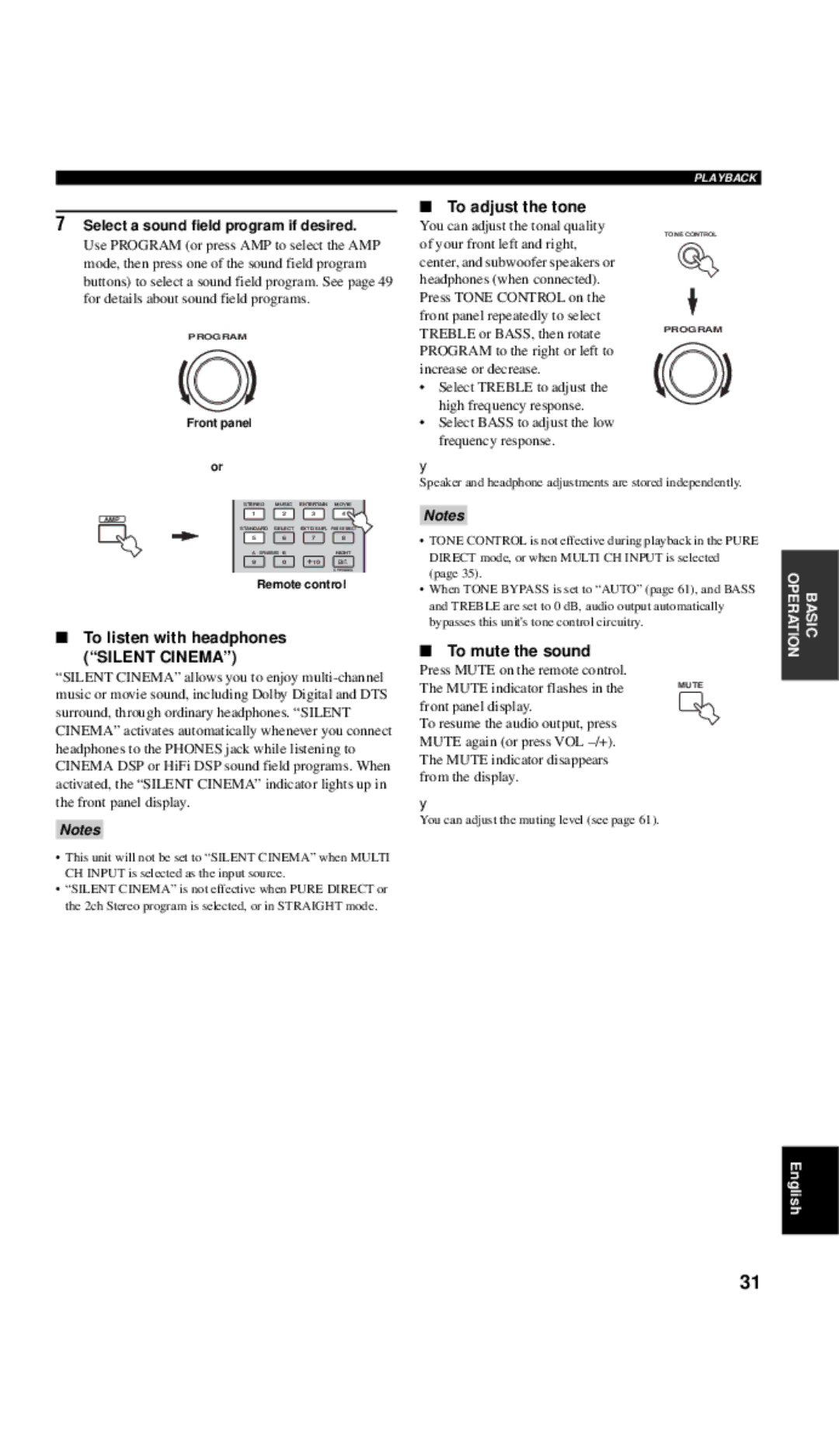 Yamaha DSP-AX757SE Select a sound field program if desired, To adjust the tone, To listen with headphones, Silent Cinema 