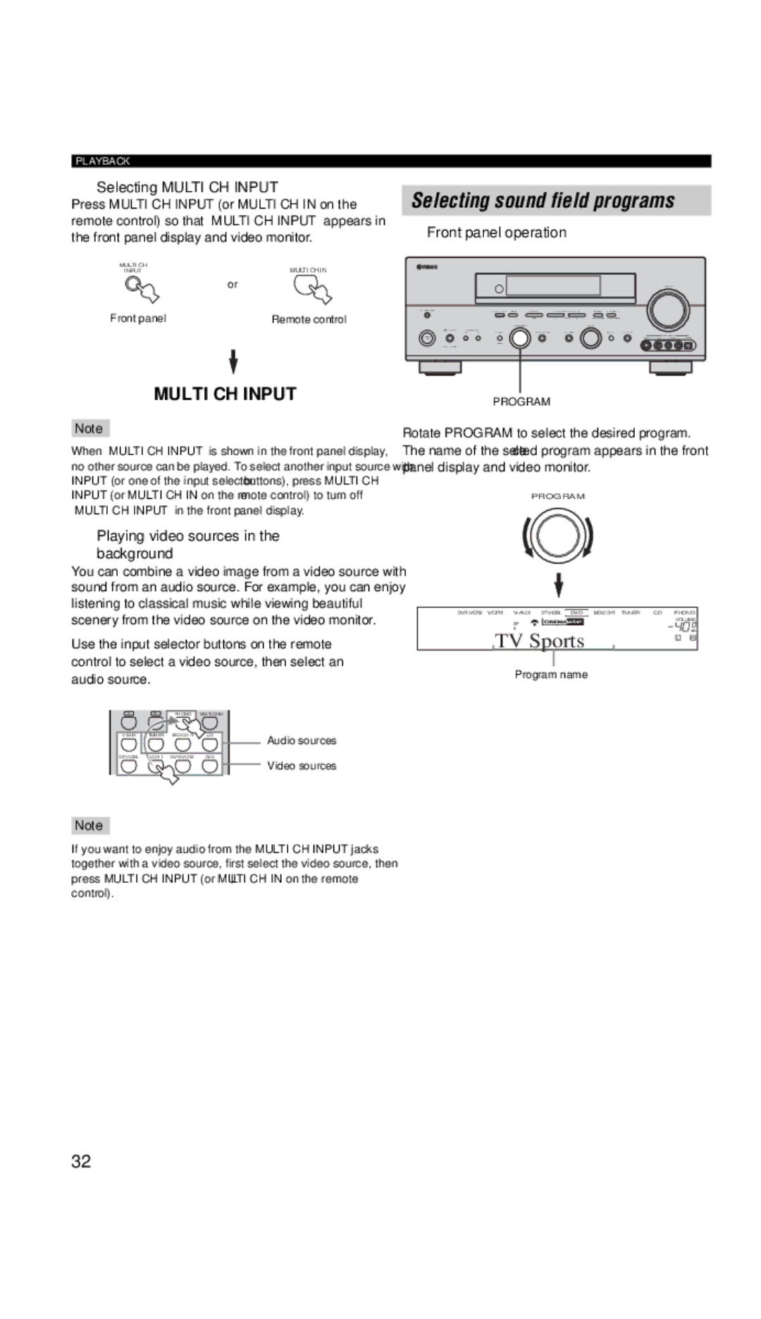 Yamaha DSP-AX757SE owner manual Selecting sound field programs, Selecting Multi CH Input, Front panel operation 