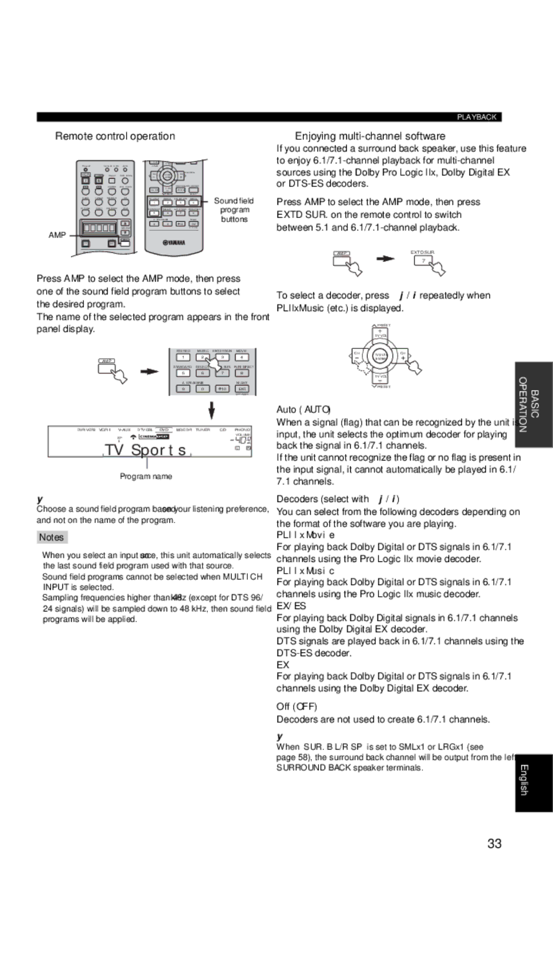 Yamaha DSP-AX757SE Remote control operation, Enjoying multi-channel software, Auto Auto, Decoders select with j, Off OFF 