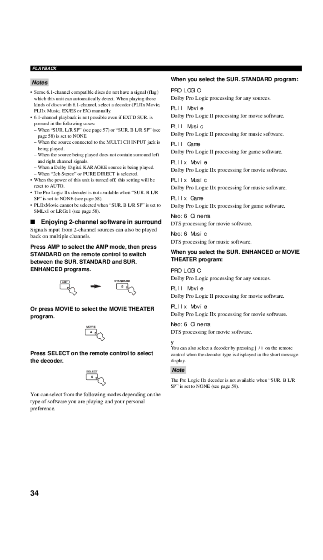 Yamaha DSP-AX757SE owner manual Enjoying 2-channel software in surround, Or press Movie to select the Movie Theater program 