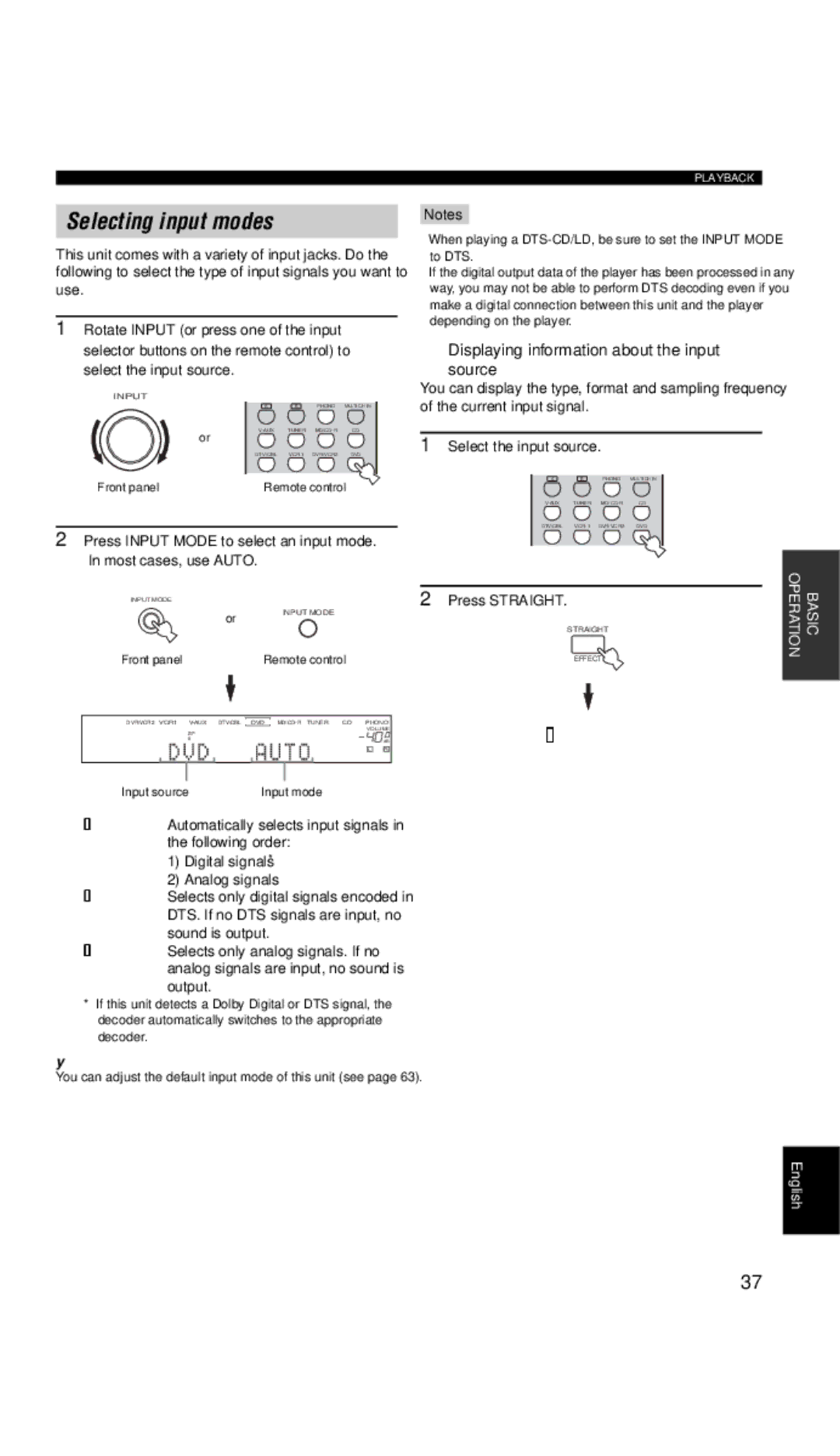 Yamaha DSP-AX757SE owner manual Selecting input modes, Press Input Mode to select an input mode, Press Straight 