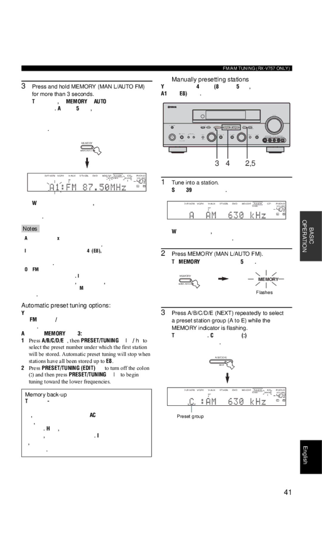 Yamaha DSP-AX757SE owner manual Press and hold Memory MAN’L/AUTO FM for more than 3 seconds, Manually presetting stations 