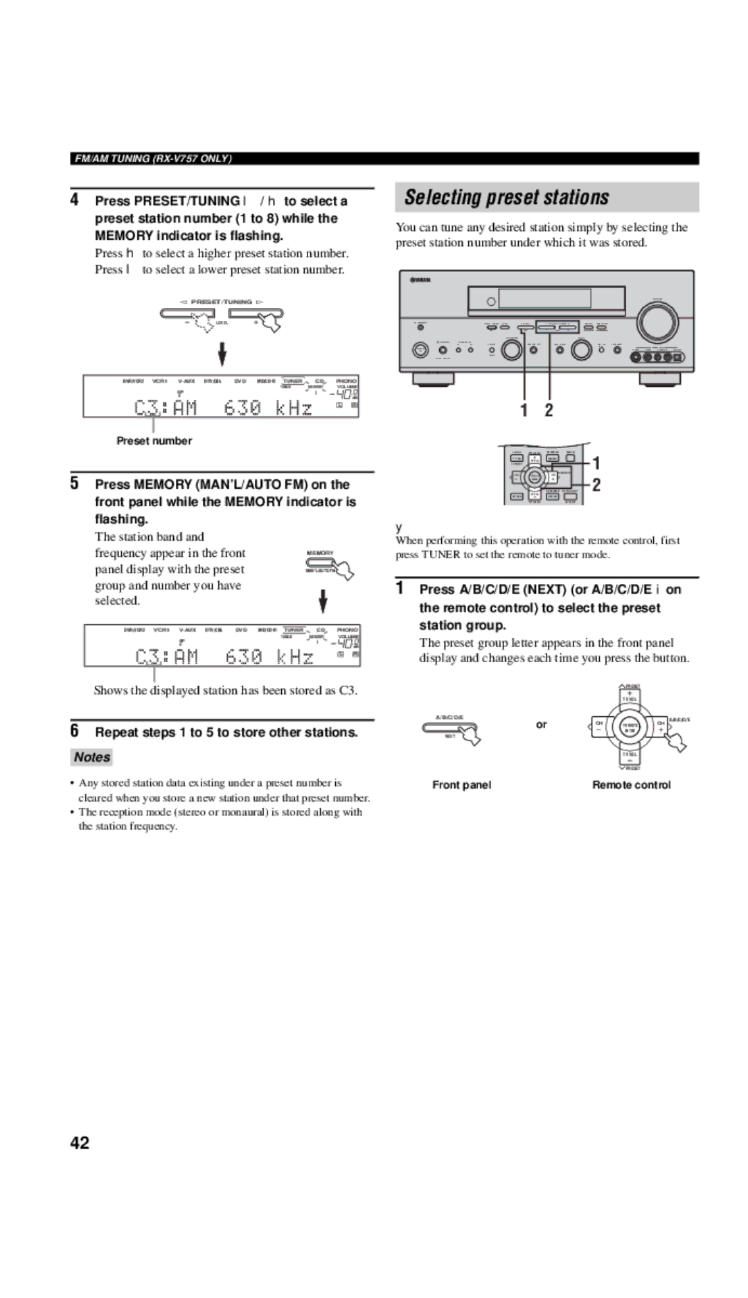 Yamaha DSP-AX757SE owner manual Selecting preset stations, Shows the displayed station has been stored as C3, Preset number 