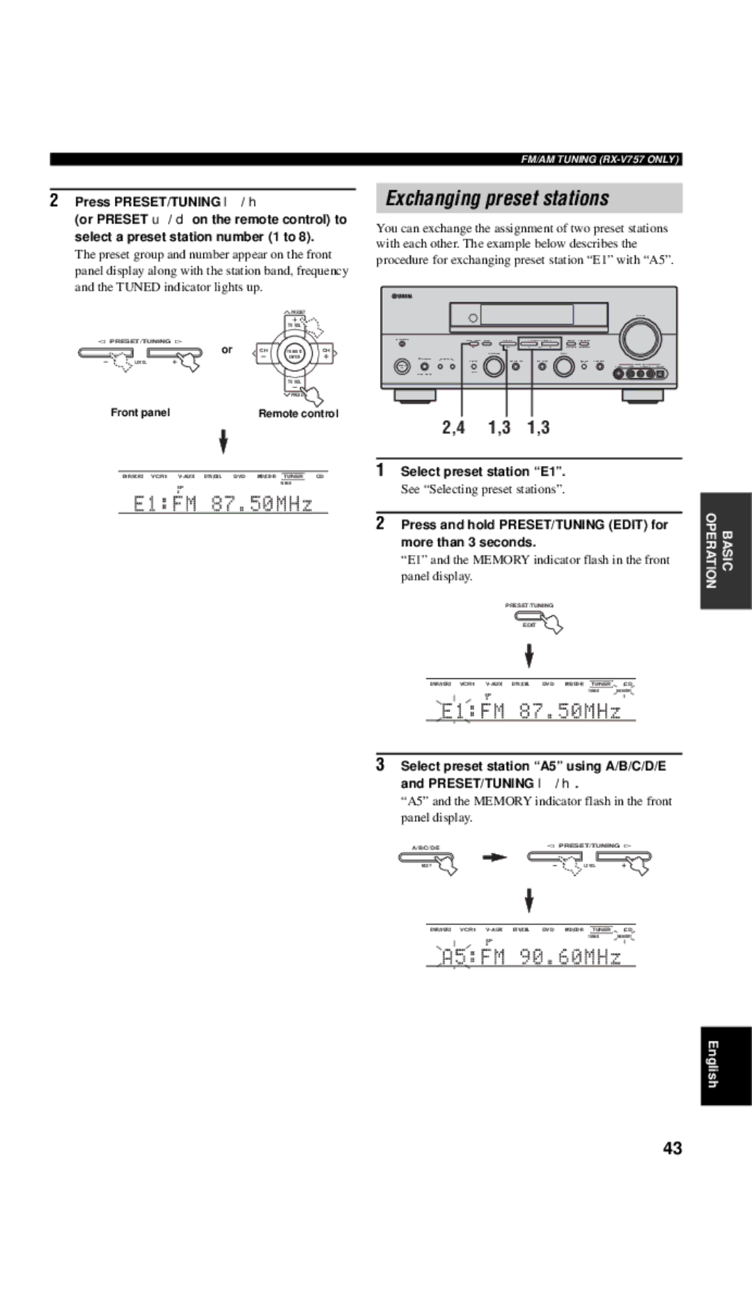 Yamaha DSP-AX757SE owner manual Exchanging preset stations, Select preset station E1, See Selecting preset stations 