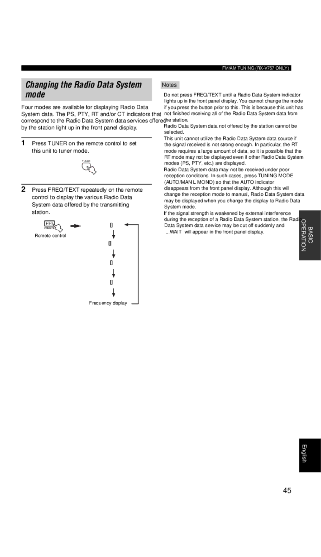 Yamaha DSP-AX757SE owner manual Changing the Radio Data System mode, Pty, Frequency display 