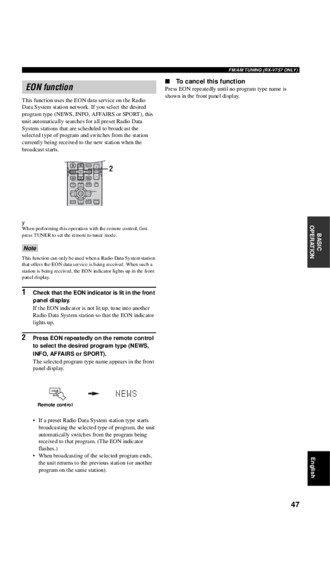 Yamaha DSP-AX757SE owner manual EON function, To cancel this function 