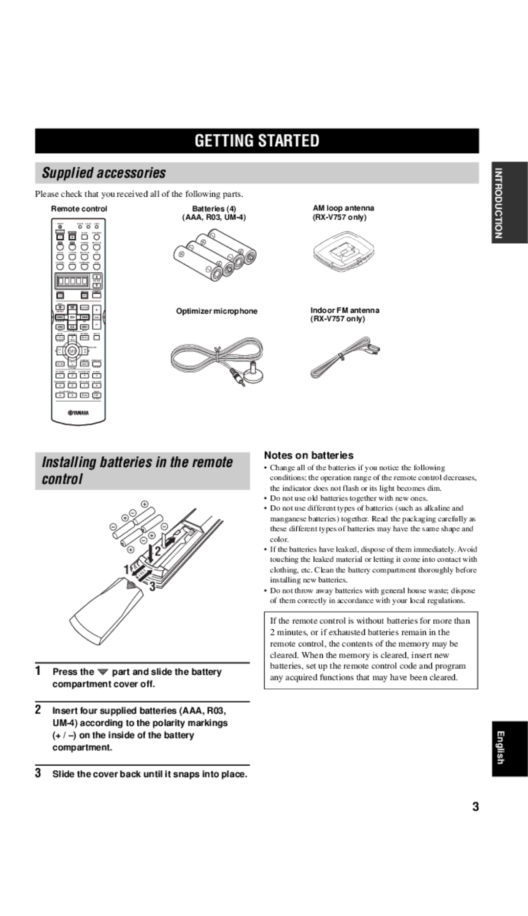 Yamaha DSP-AX757SE owner manual Getting Started, Supplied accessories, Installing batteries in the remote control 