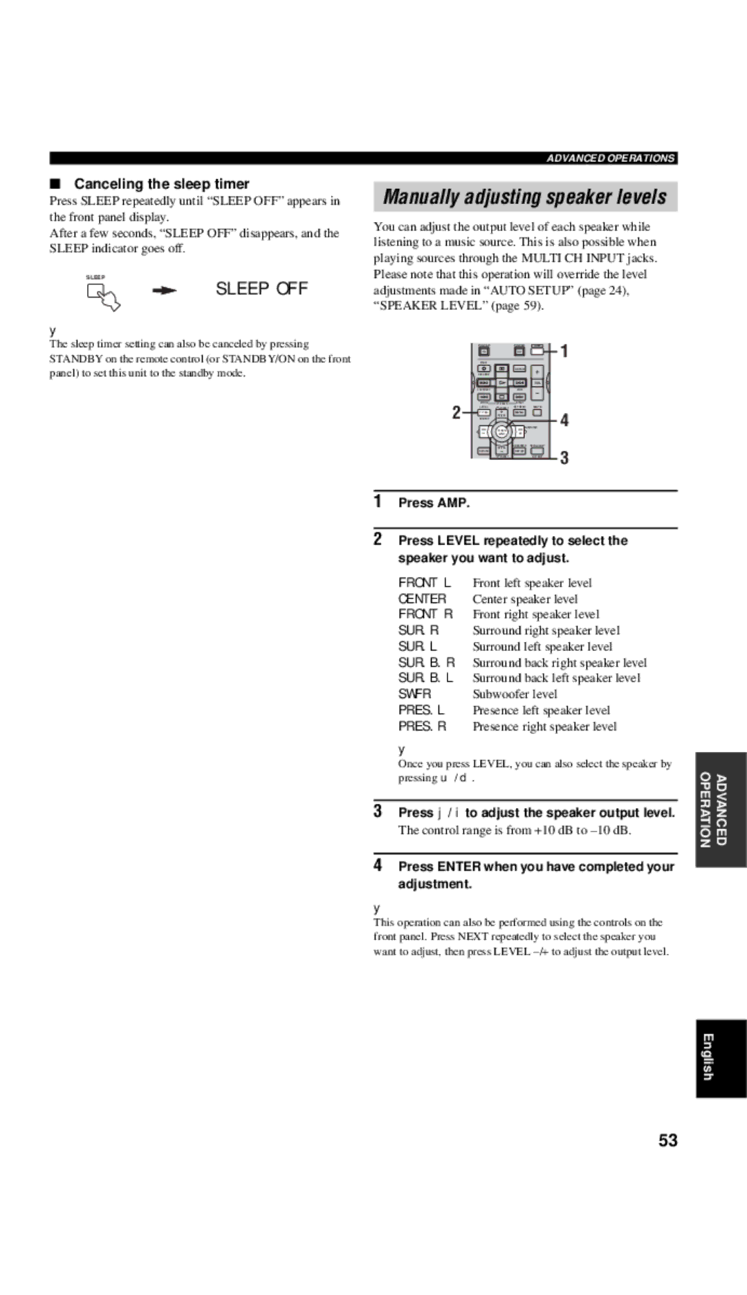 Yamaha DSP-AX757SE owner manual Canceling the sleep timer, Press j / i to adjust the speaker output level 