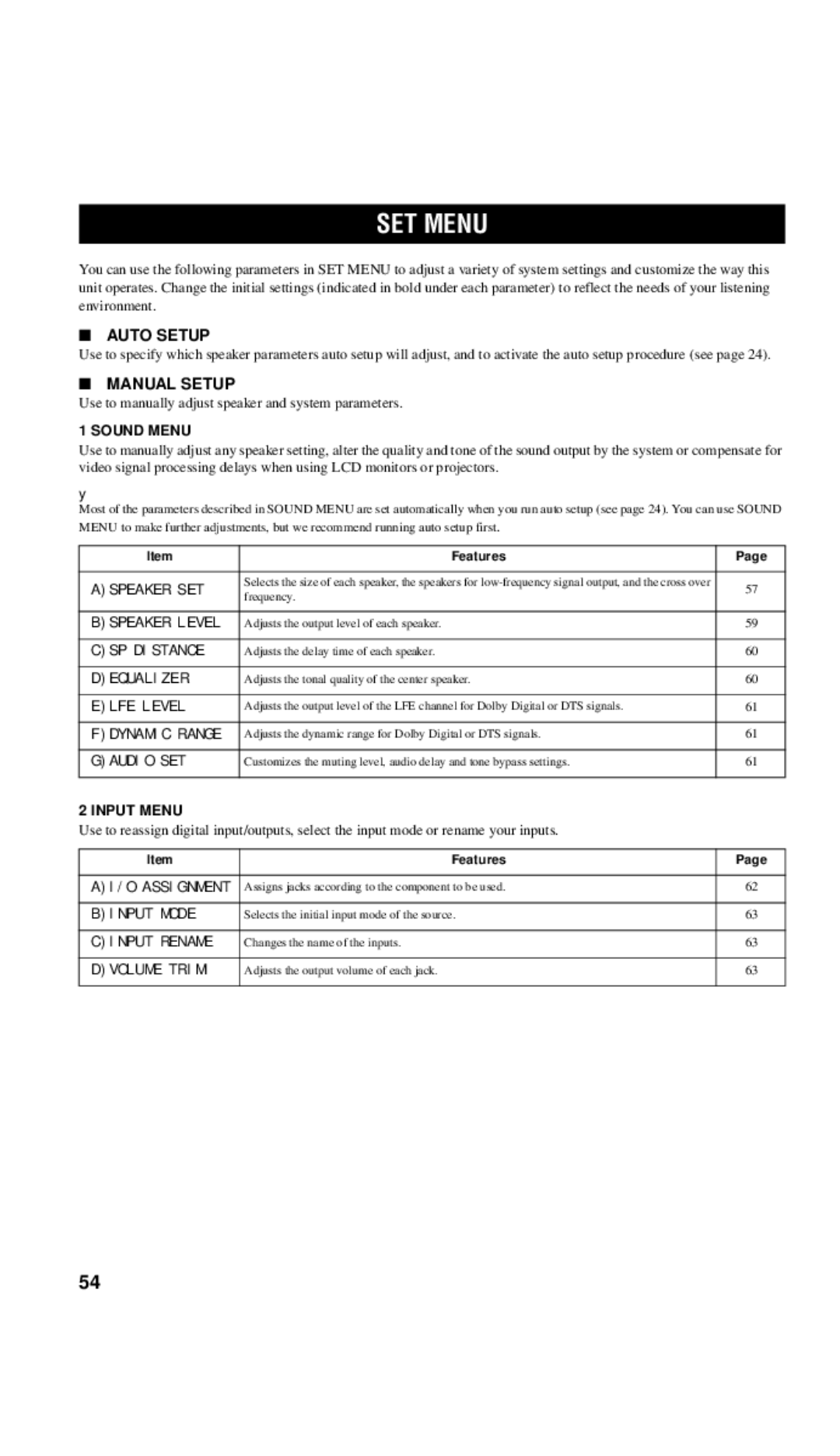 Yamaha DSP-AX757SE owner manual SET Menu, Auto Setup, Manual Setup, Sound Menu, Input Menu 