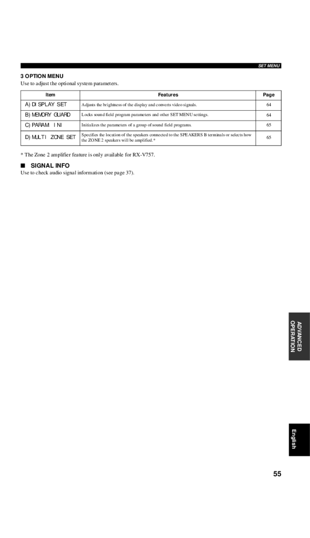 Yamaha DSP-AX757SE owner manual Option Menu, Signal Info 