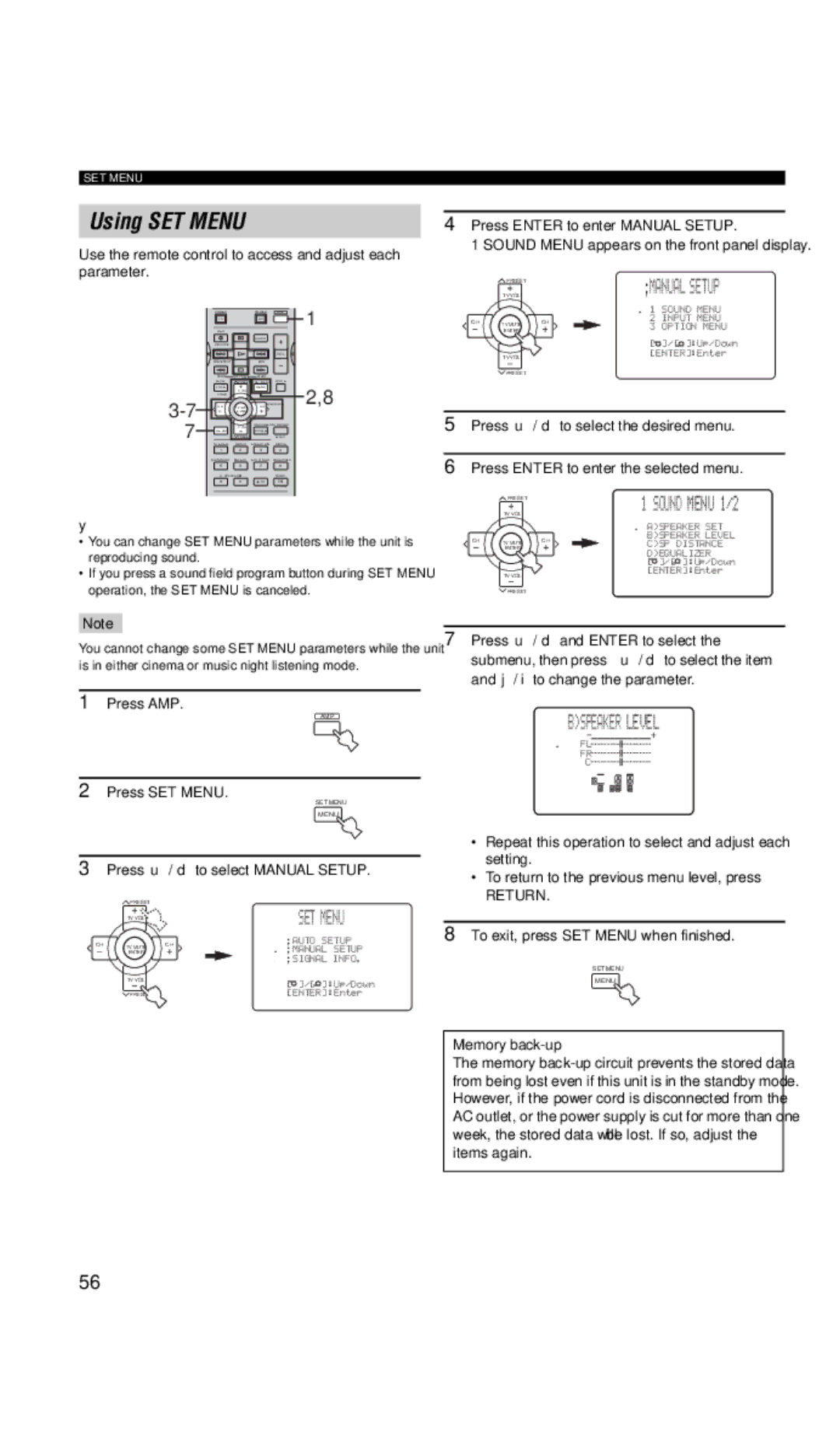 Yamaha DSP-AX757SE Using SET Menu, Bspeaker Level, Press u / d to select Manual Setup, Press Enter to enter Manual Setup 