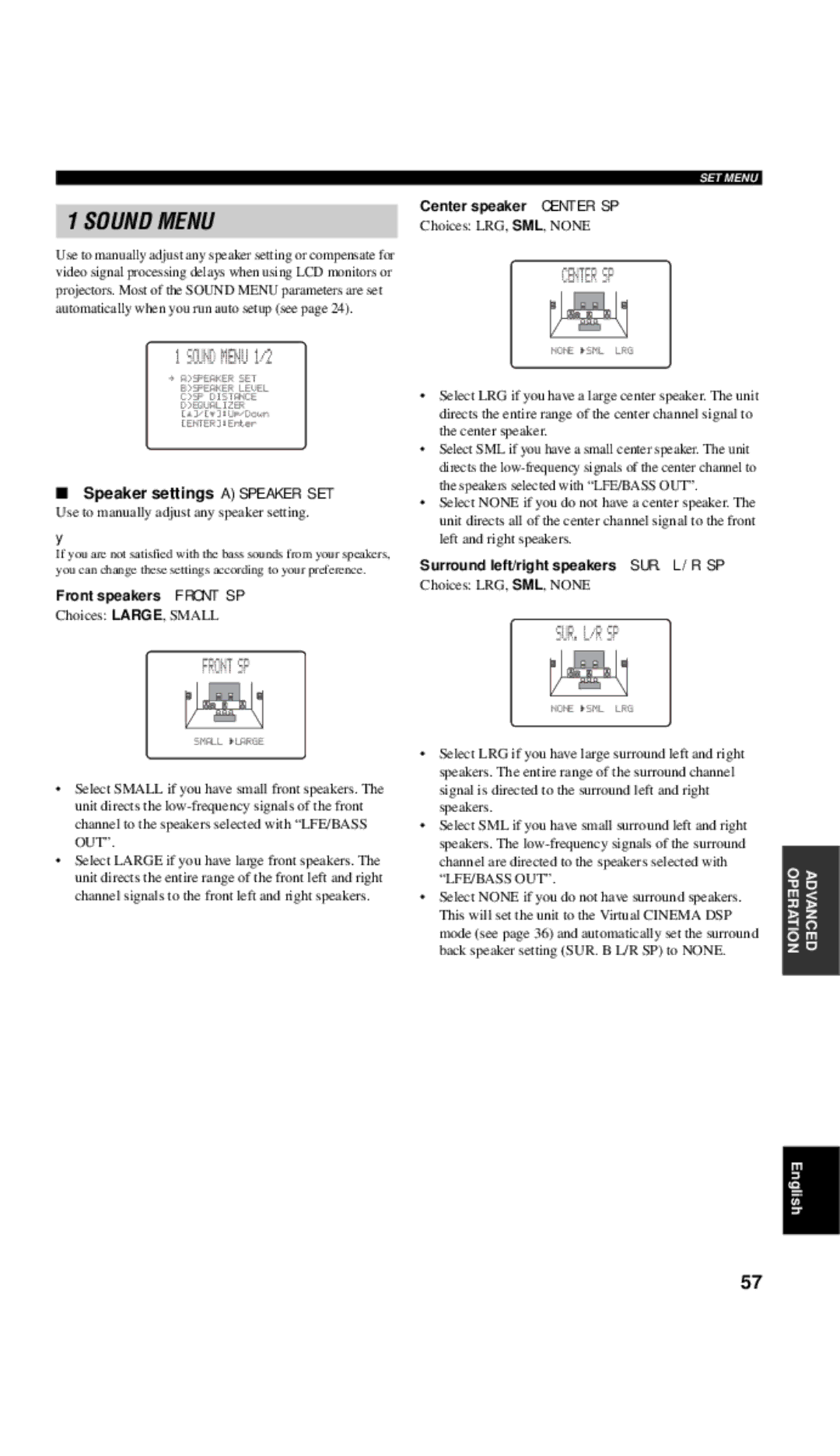 Yamaha DSP-AX757SE owner manual Sound Menu 1/2, Front SP, Center SP, Sur. L/R Sp 