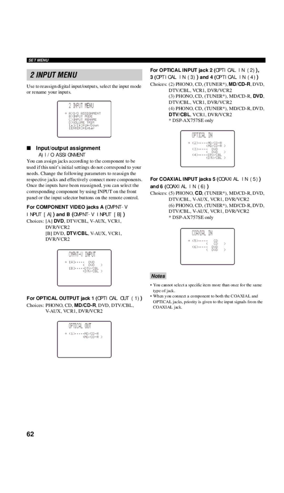 Yamaha DSP-AX757SE owner manual Input Menu, CMPNT-V Input, Optical OUT, Coaxial 