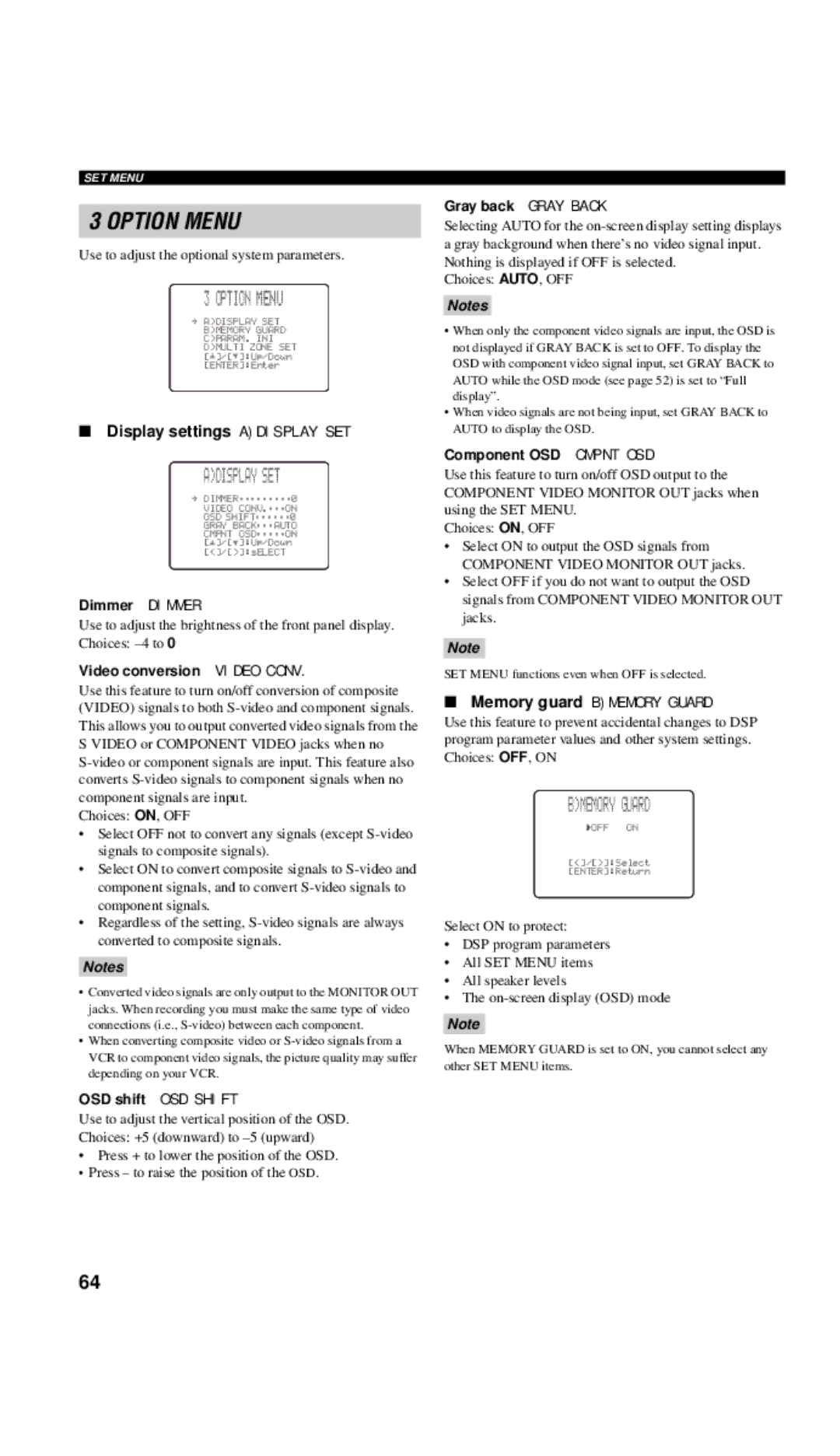 Yamaha DSP-AX757SE owner manual Option Menu, Adisplay SET, Bmemory Guard 