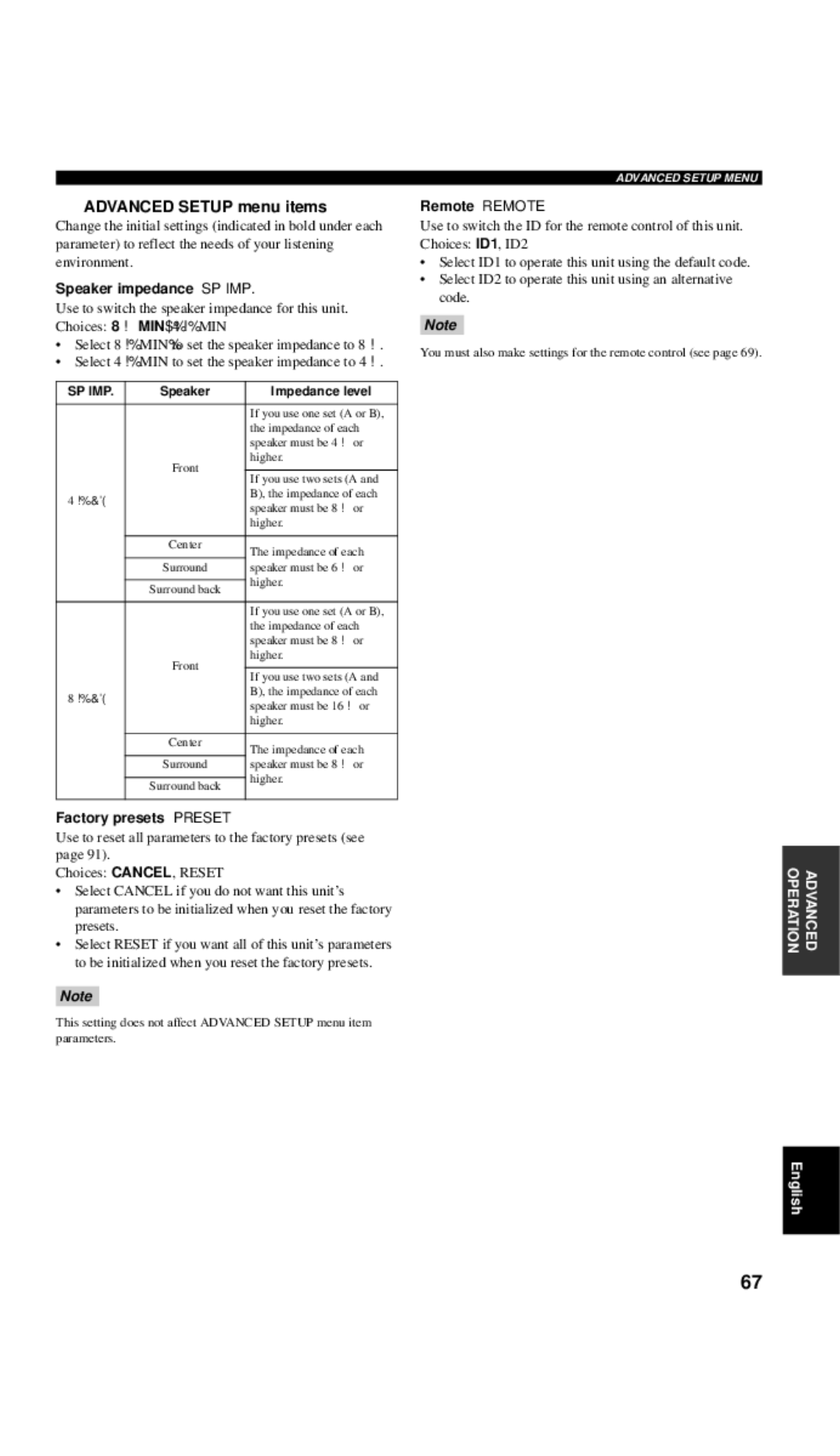 Yamaha DSP-AX757SE owner manual Advanced Setup menu items, Speaker impedance SP IMP, Factory presets Preset, Remote Remote 