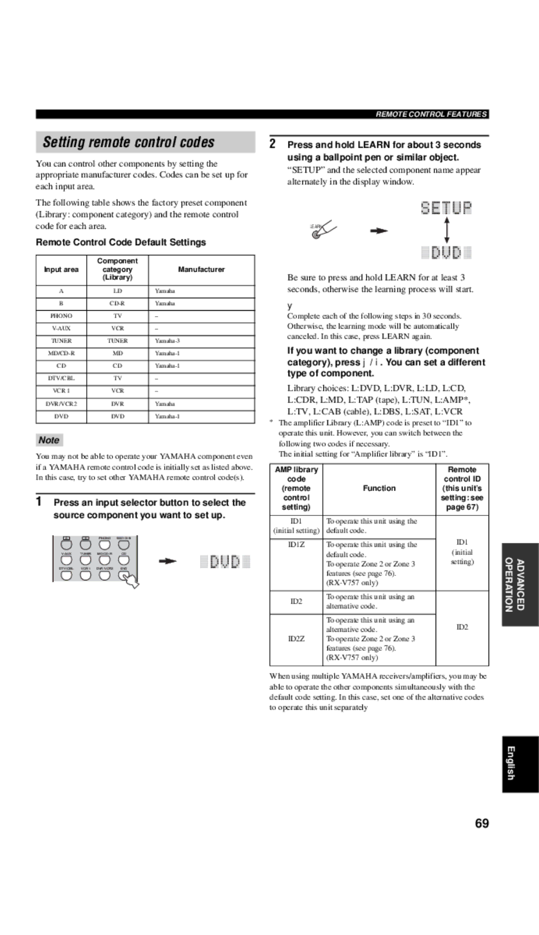 Yamaha DSP-AX757SE owner manual Setting remote control codes, Remote Control Code Default Settings 