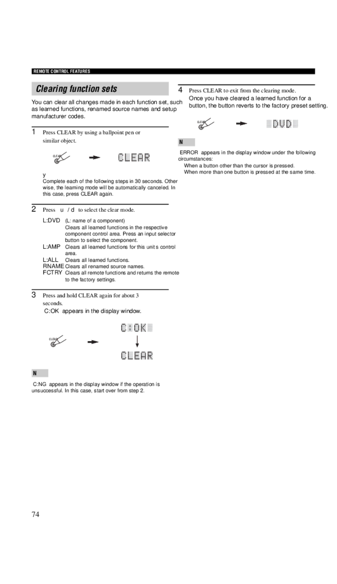 Yamaha DSP-AX757SE owner manual Clearing function sets, Press Clear by using a ballpoint pen or similar object 