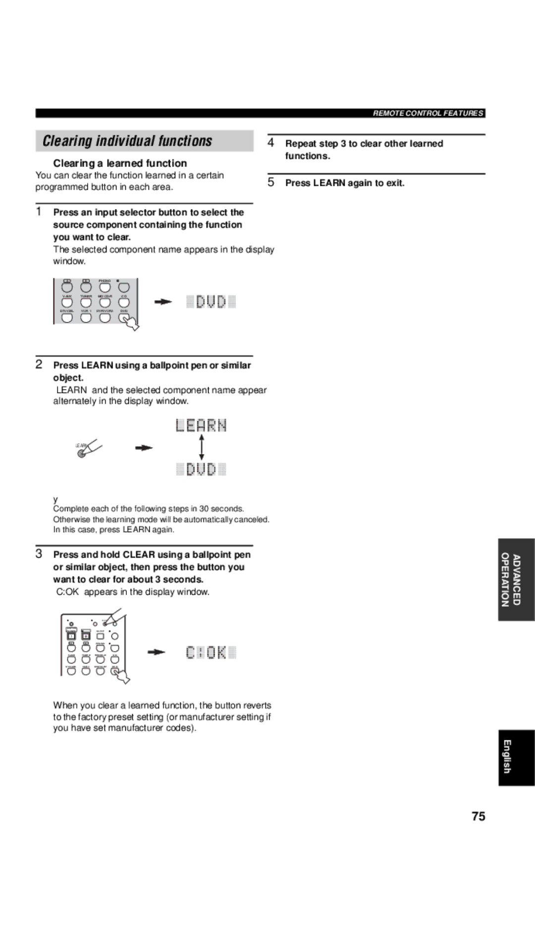 Yamaha DSP-AX757SE owner manual Clearing individual functions, Clearing a learned function 