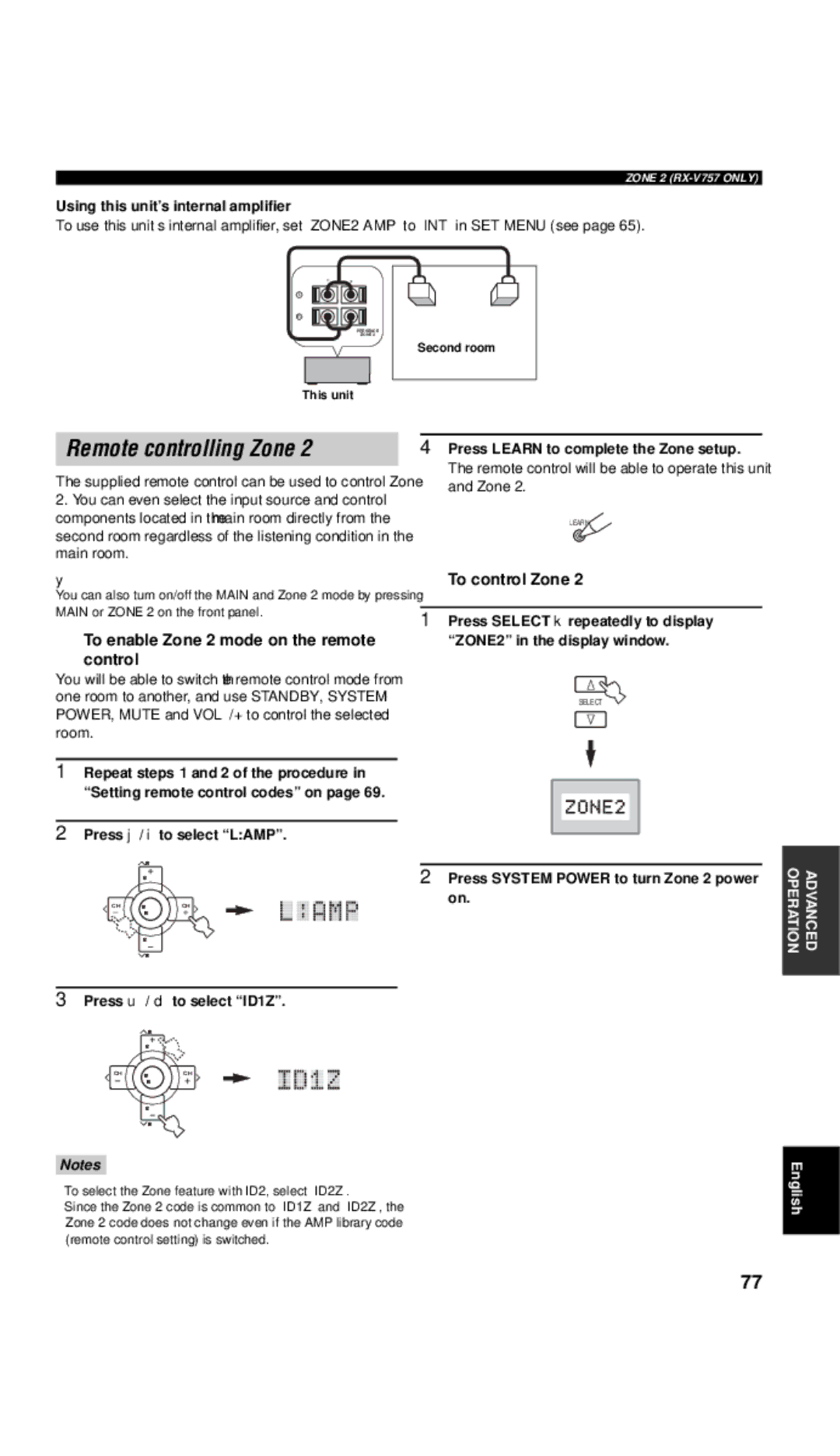 Yamaha DSP-AX757SE owner manual Remote controlling Zone, Using this unit’s internal amplifier, Press u / d to select ID1Z 