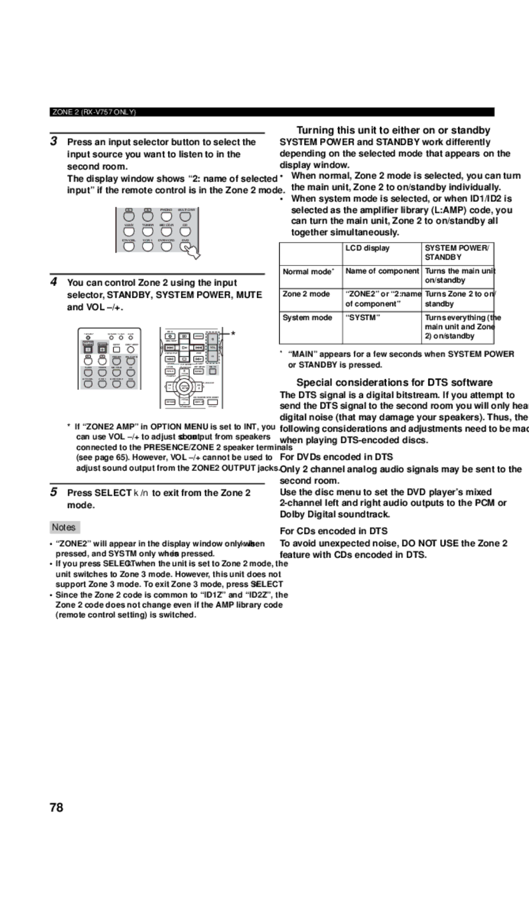 Yamaha DSP-AX757SE owner manual Press Select k/n to exit from the Zone 2 mode, Turning this unit to either on or standby 