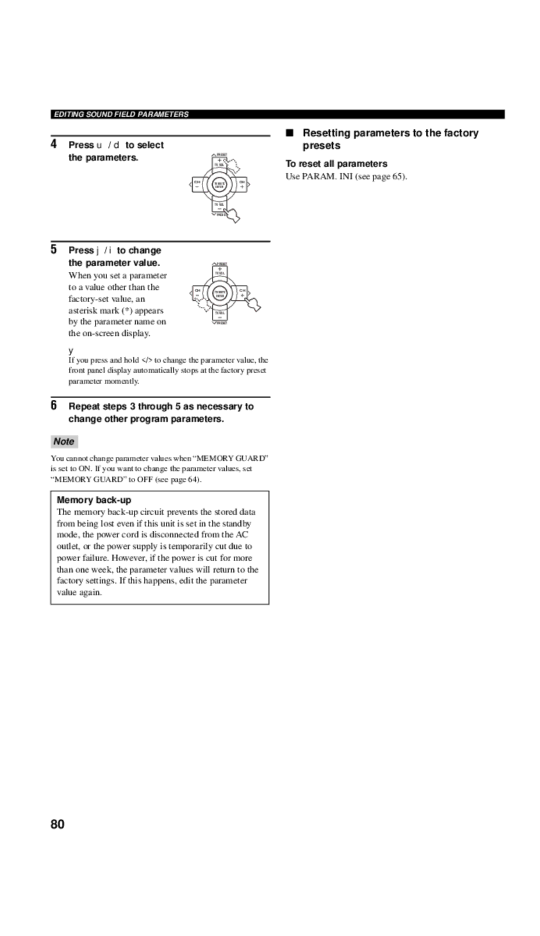 Yamaha DSP-AX757SE owner manual Press u / d to select, Press j / i to change Parameter value 