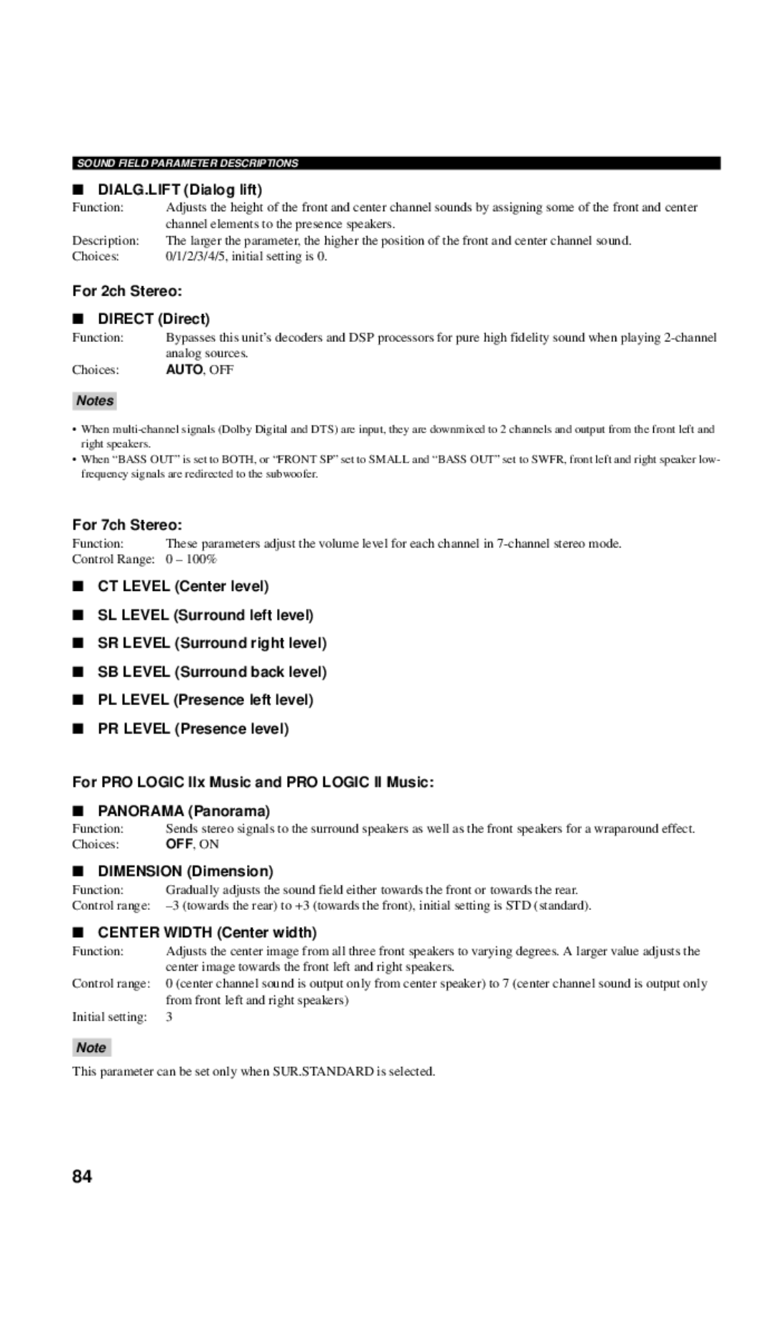 Yamaha DSP-AX757SE owner manual DIALG.LIFT Dialog lift, For 2ch Stereo Direct Direct, For 7ch Stereo, Dimension Dimension 