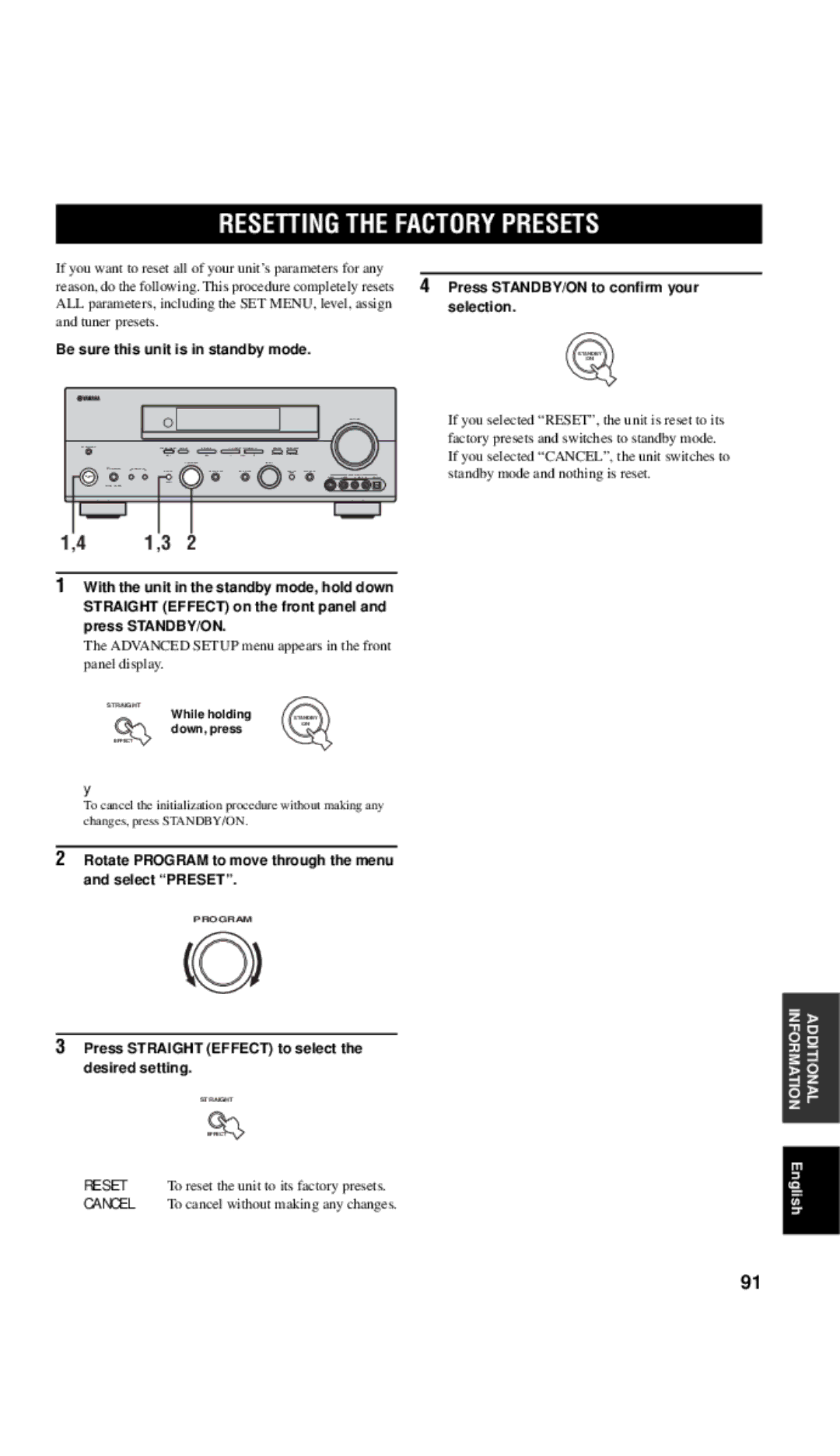 Yamaha DSP-AX757SE owner manual Resetting the Factory Presets 