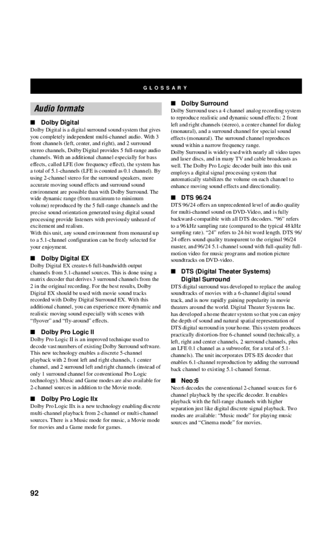 Yamaha DSP-AX757SE owner manual Glossary, Audio formats 