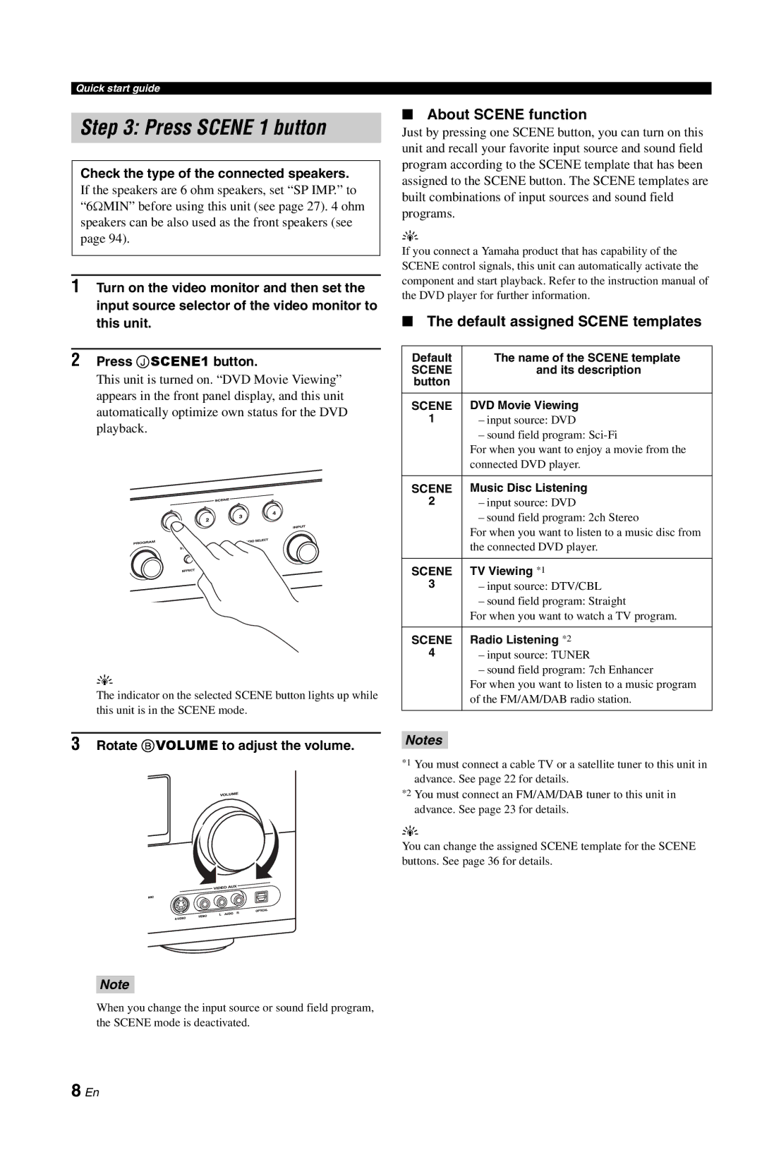 Yamaha DSP-AX763 About Scene function, Default assigned Scene templates, Check the type of the connected speakers 