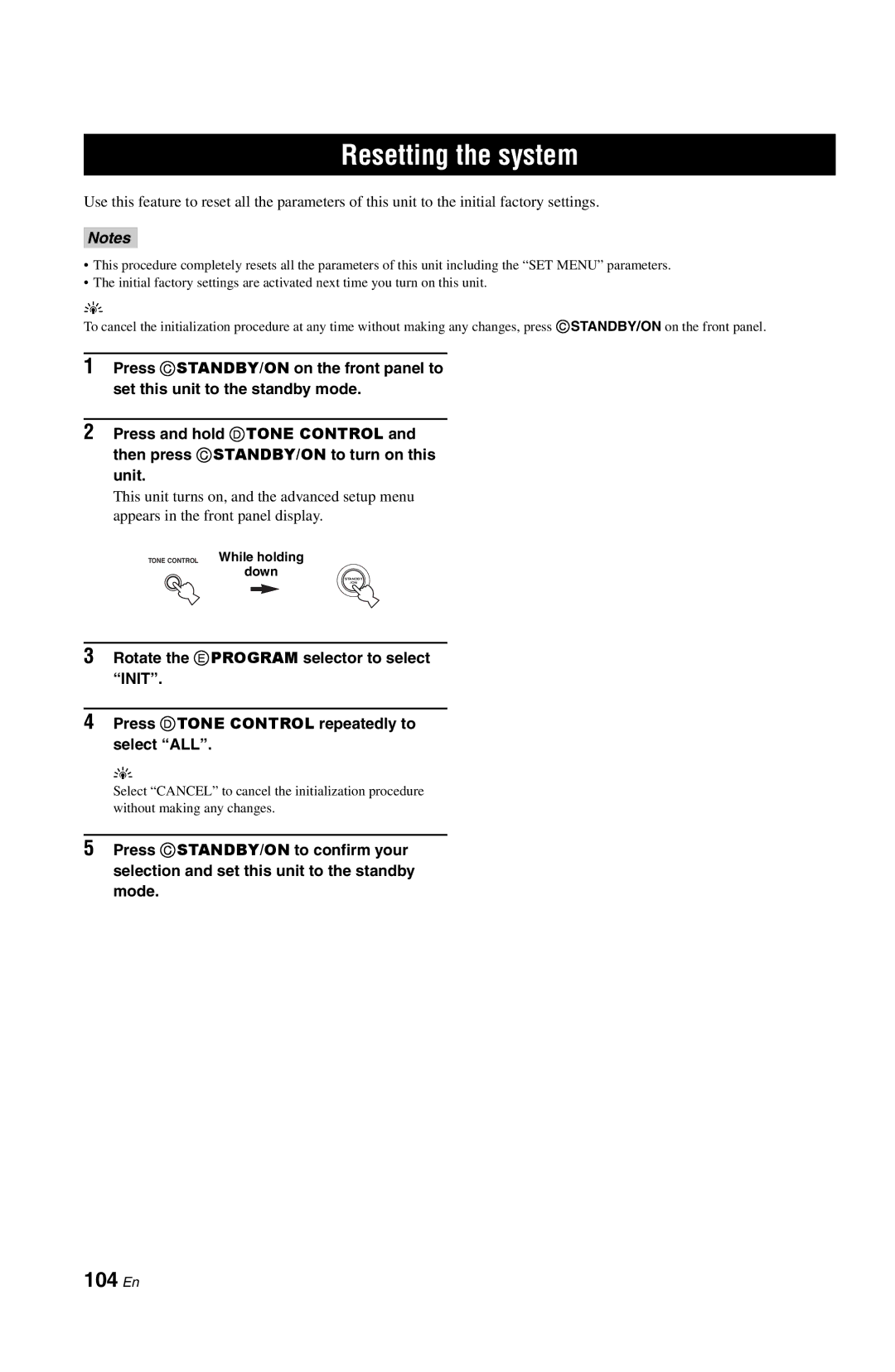 Yamaha DSP-AX763 owner manual Resetting the system, 104 En 