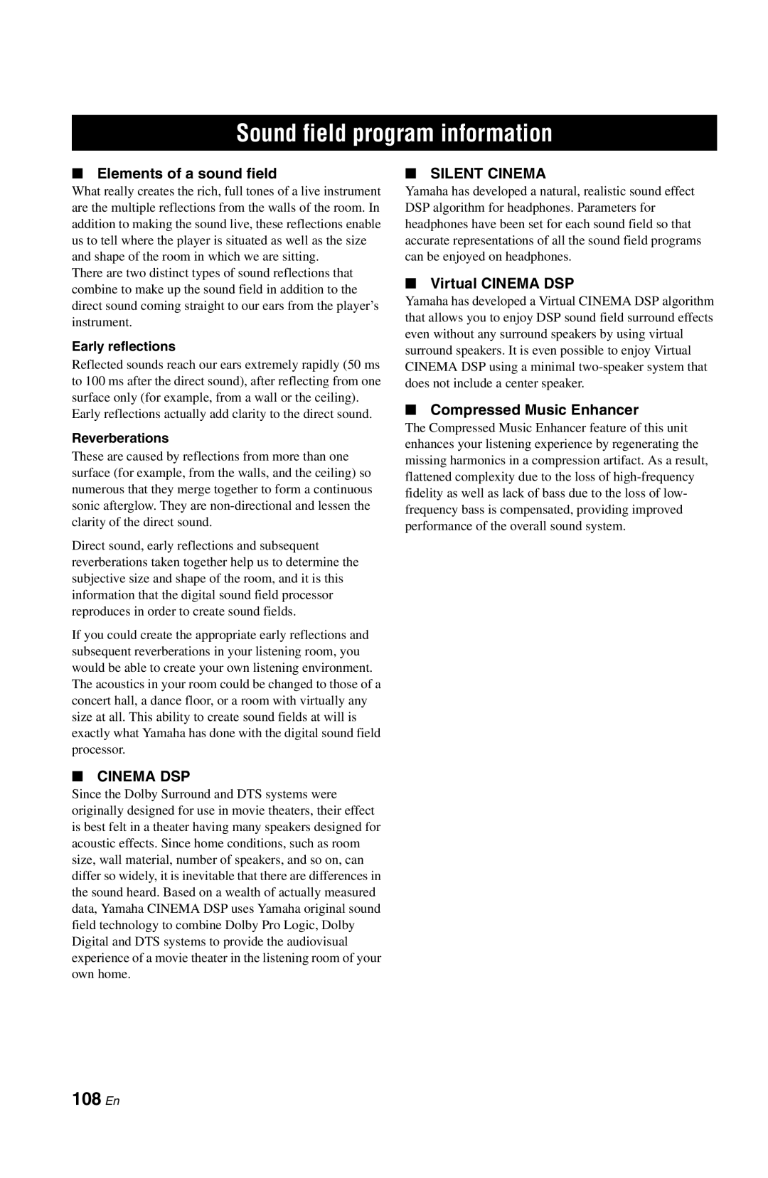 Yamaha DSP-AX763 Sound field program information, 108 En, Elements of a sound field, Early reflections, Reverberations 