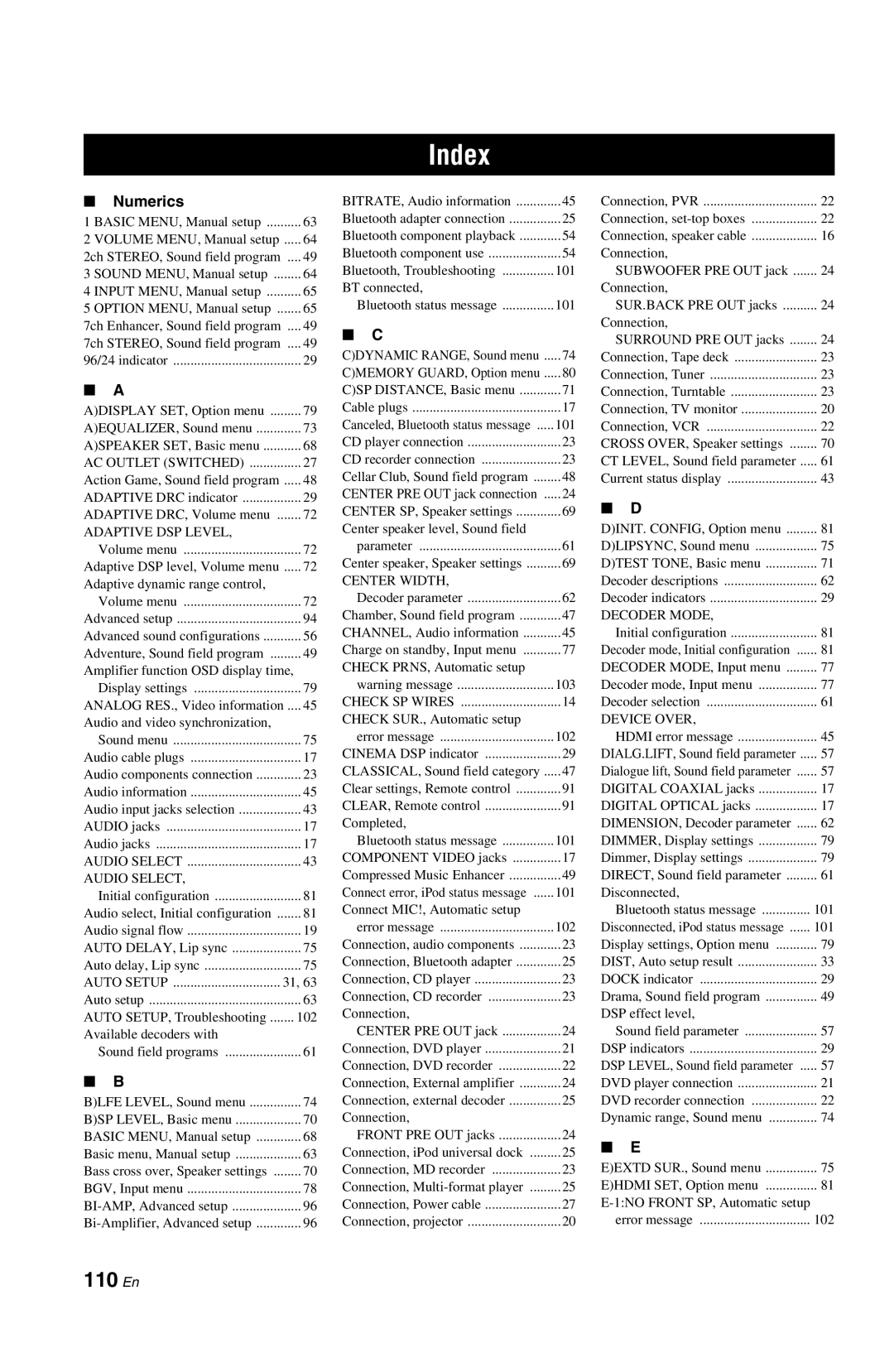 Yamaha DSP-AX763 owner manual Index, 110 En, Numerics 