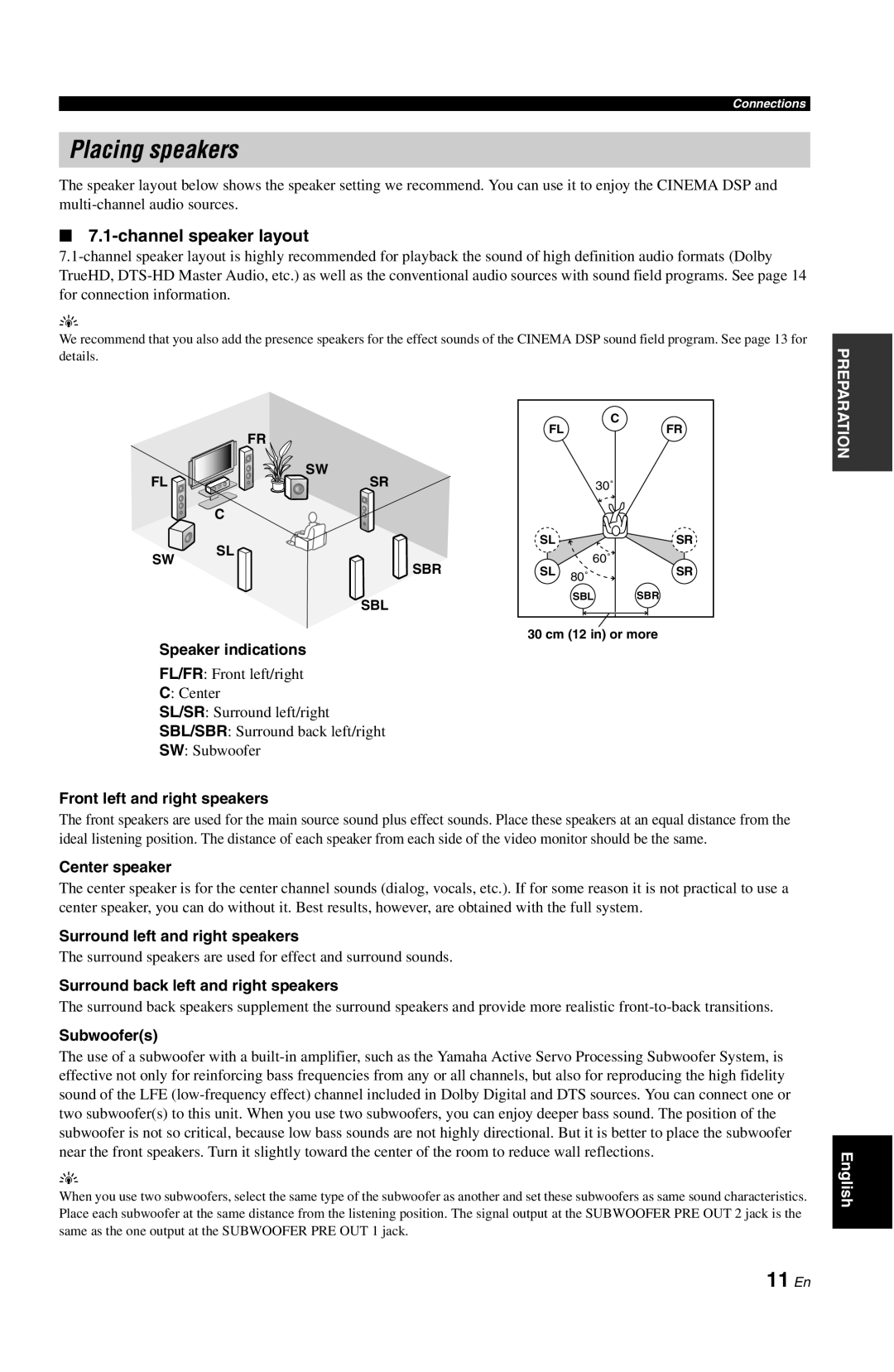 Yamaha DSP-AX763 owner manual Placing speakers, 11 En, Channel speaker layout 