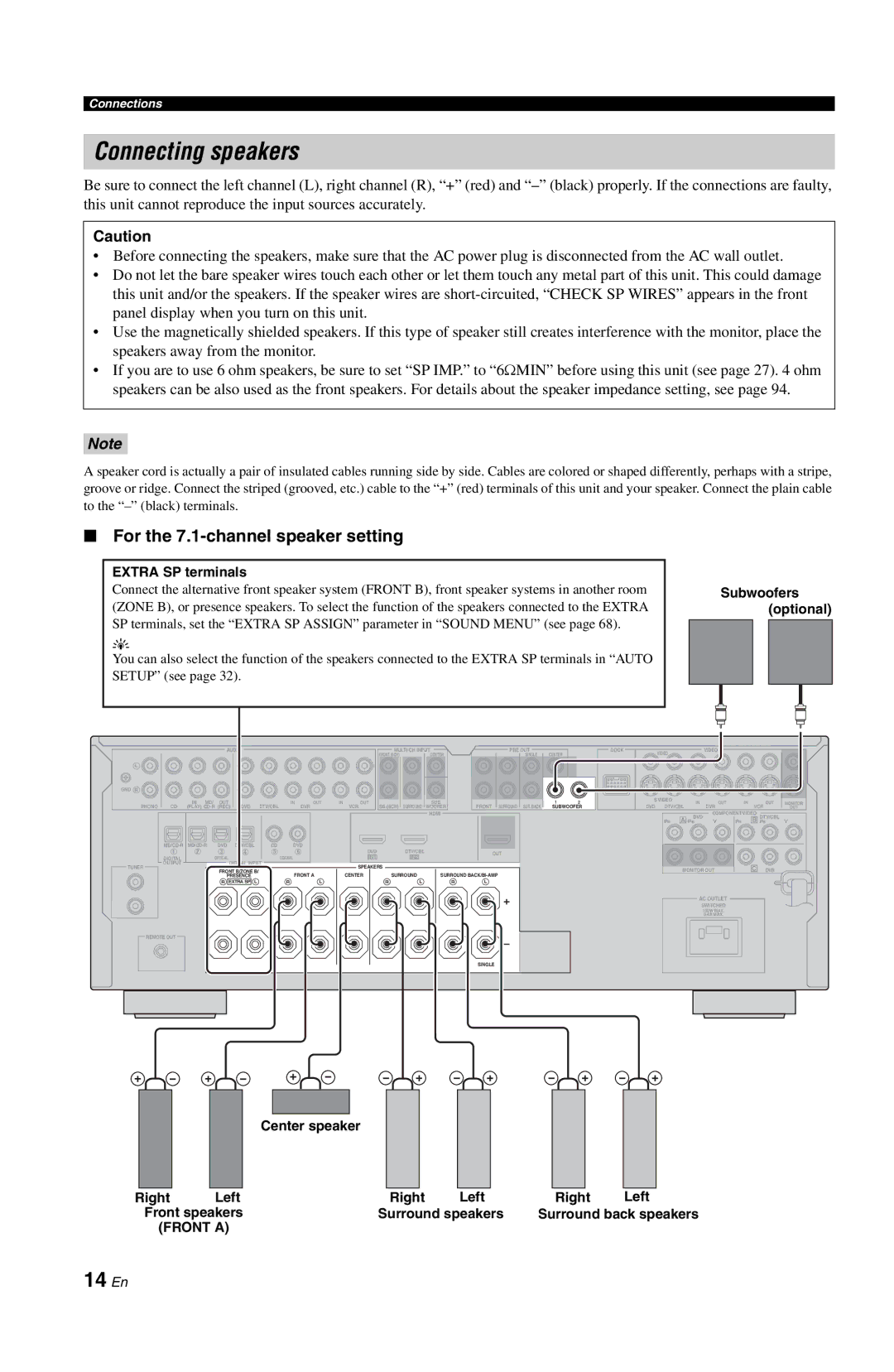 Yamaha DSP-AX763 owner manual Connecting speakers, 14 En, For the 7.1-channel speaker setting, Front a 