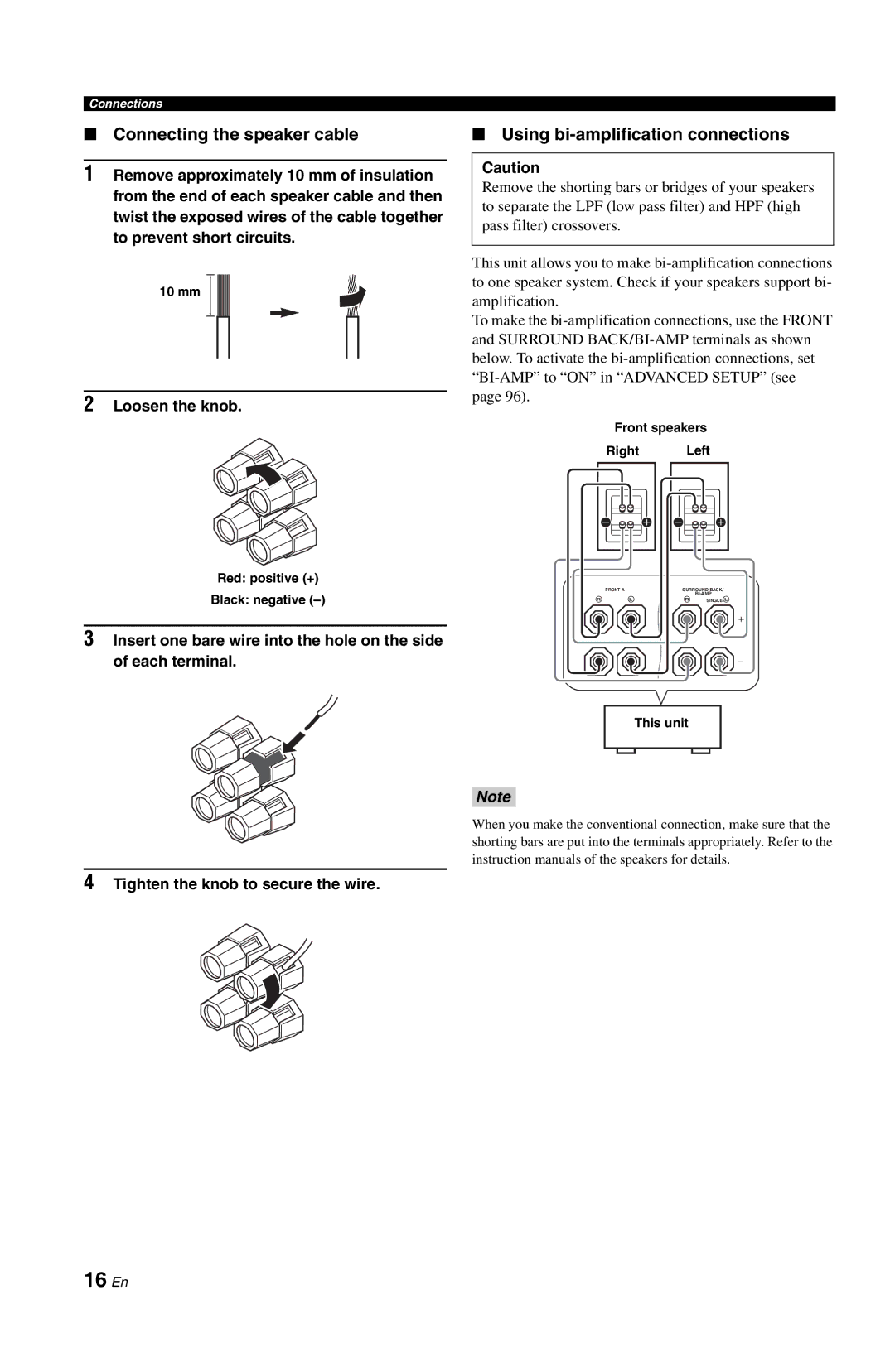 Yamaha DSP-AX763 owner manual 16 En, Connecting the speaker cable, Using bi-amplification connections, Loosen the knob 