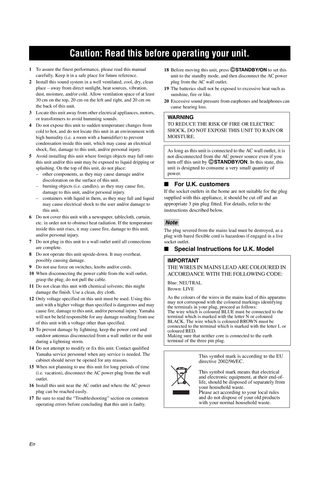 Yamaha DSP-AX763 owner manual For U.K. customers, Special Instructions for U.K. Model 