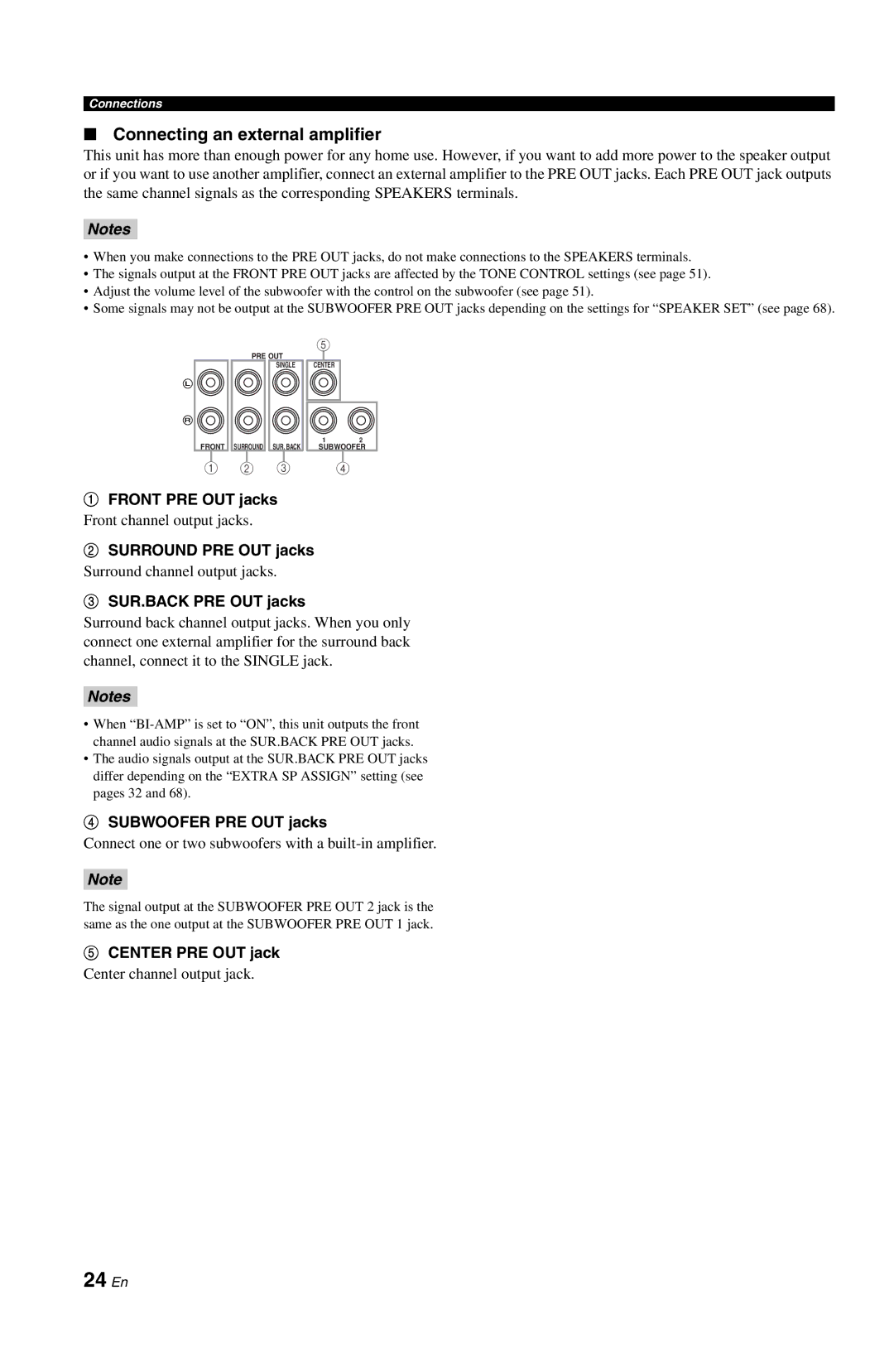 Yamaha DSP-AX763 owner manual 24 En, Connecting an external amplifier 