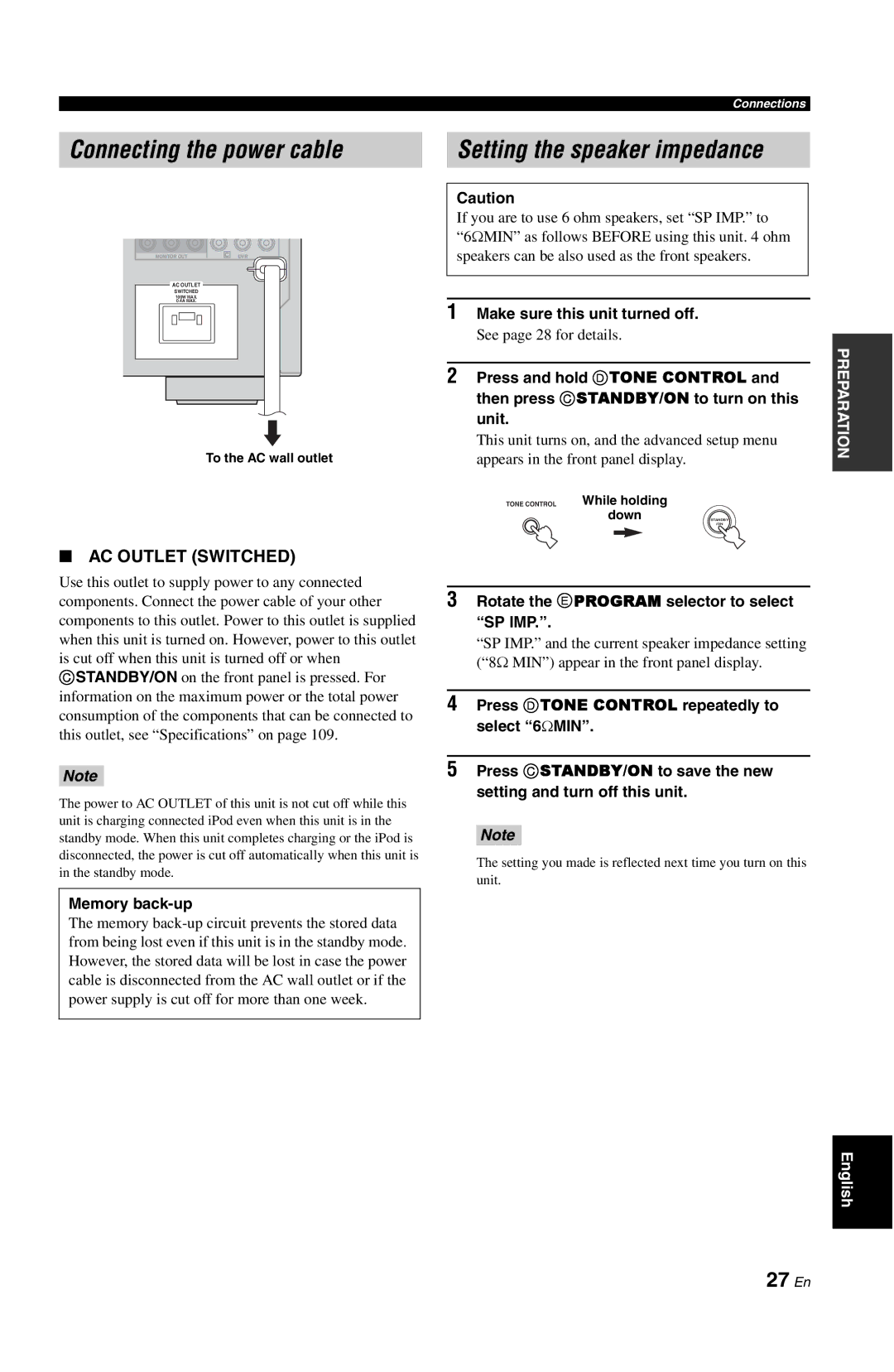 Yamaha DSP-AX763 owner manual Connecting the power cable, Setting the speaker impedance, 27 En 