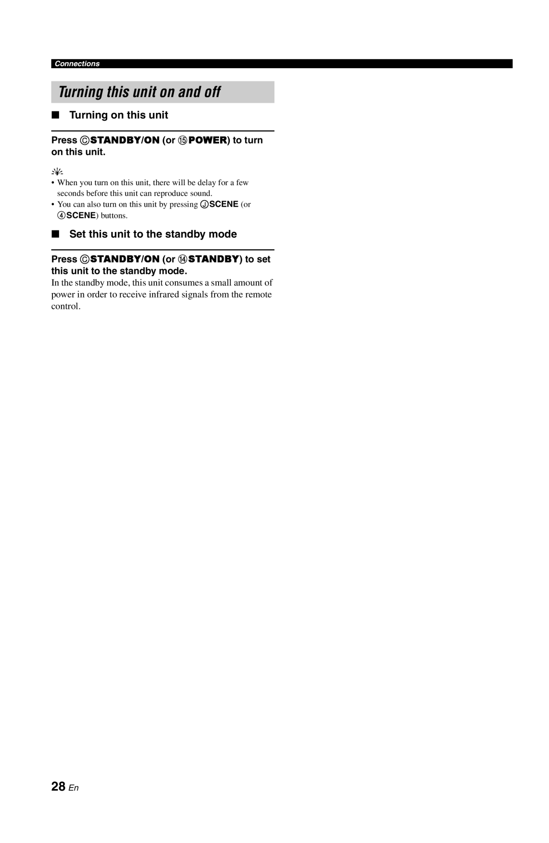 Yamaha DSP-AX763 owner manual Turning this unit on and off, 28 En, Turning on this unit, Set this unit to the standby mode 